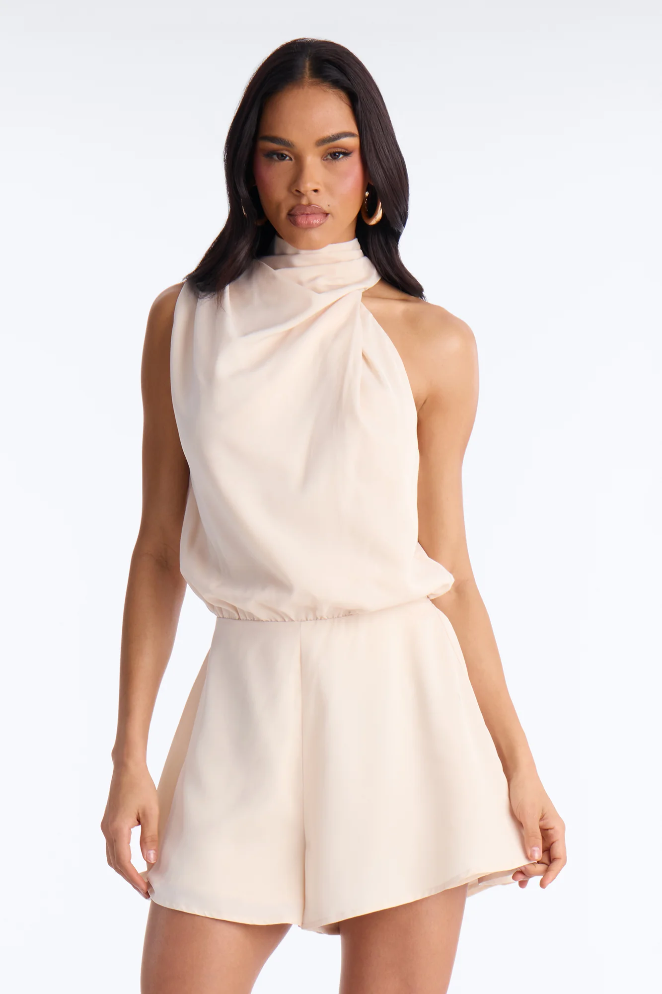 Rina Draped High Neck Romper - Cream - Image 2