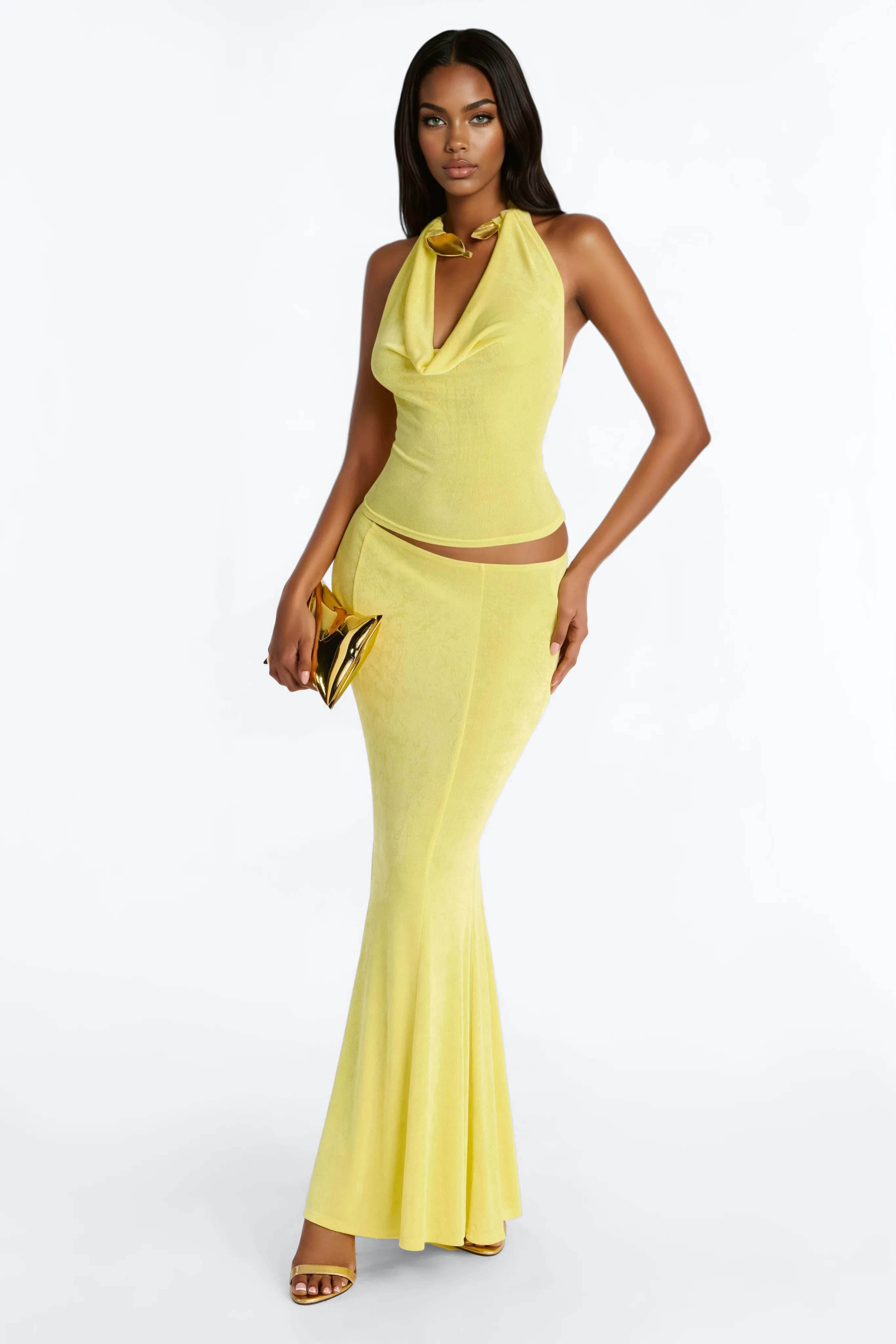 Rina Hardware Halter Maxi Skirt Set - Yellow