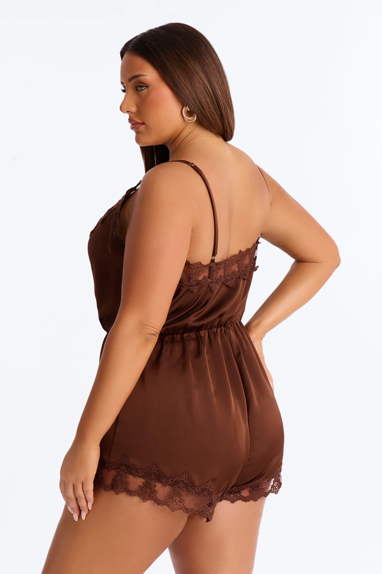 Rina Satin Lace Trim Micro Romper - Chocolate - Image 7