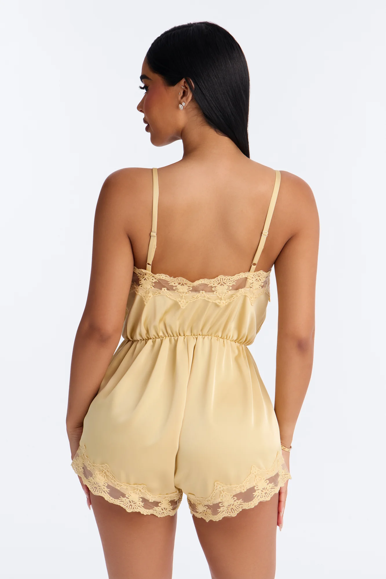 Rina Satin Lace Trim Micro Romper - Yellow - Image 3