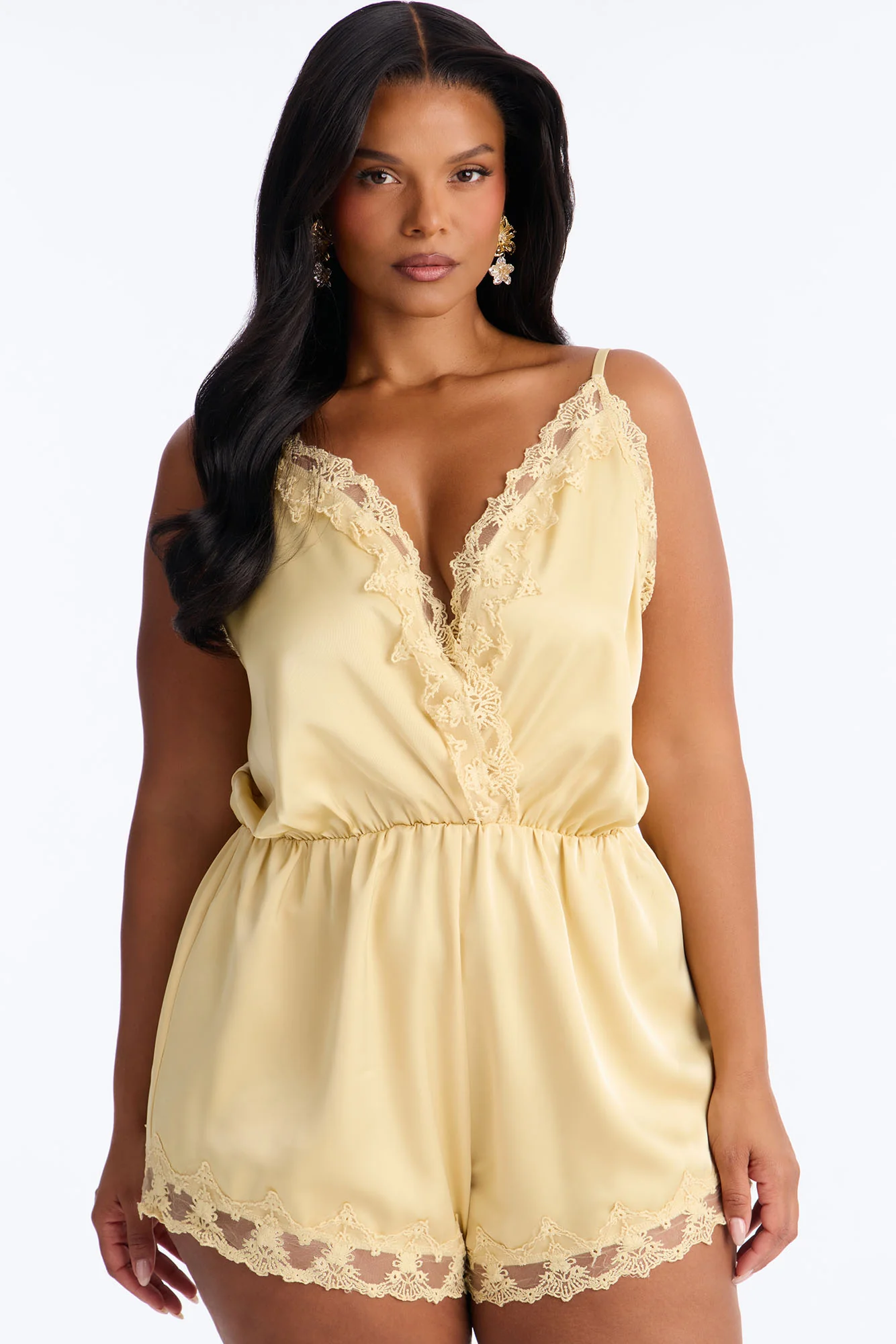 Rina Satin Lace Trim Micro Romper - Yellow - Image 4