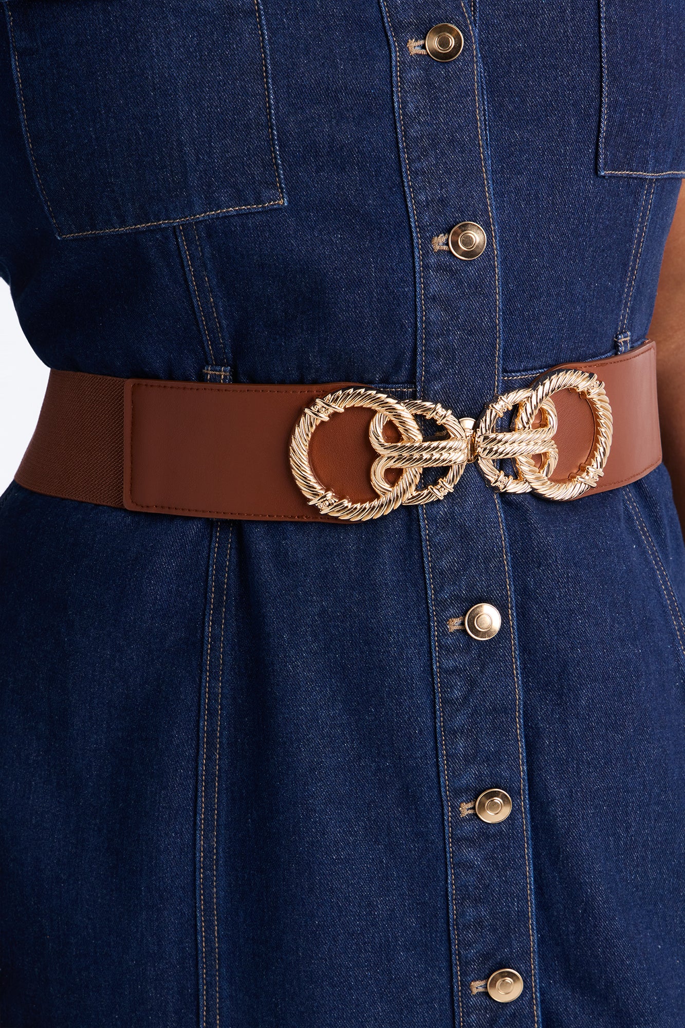 Rings And Rings Faux Leather Wide Stretch Belt - Cognac