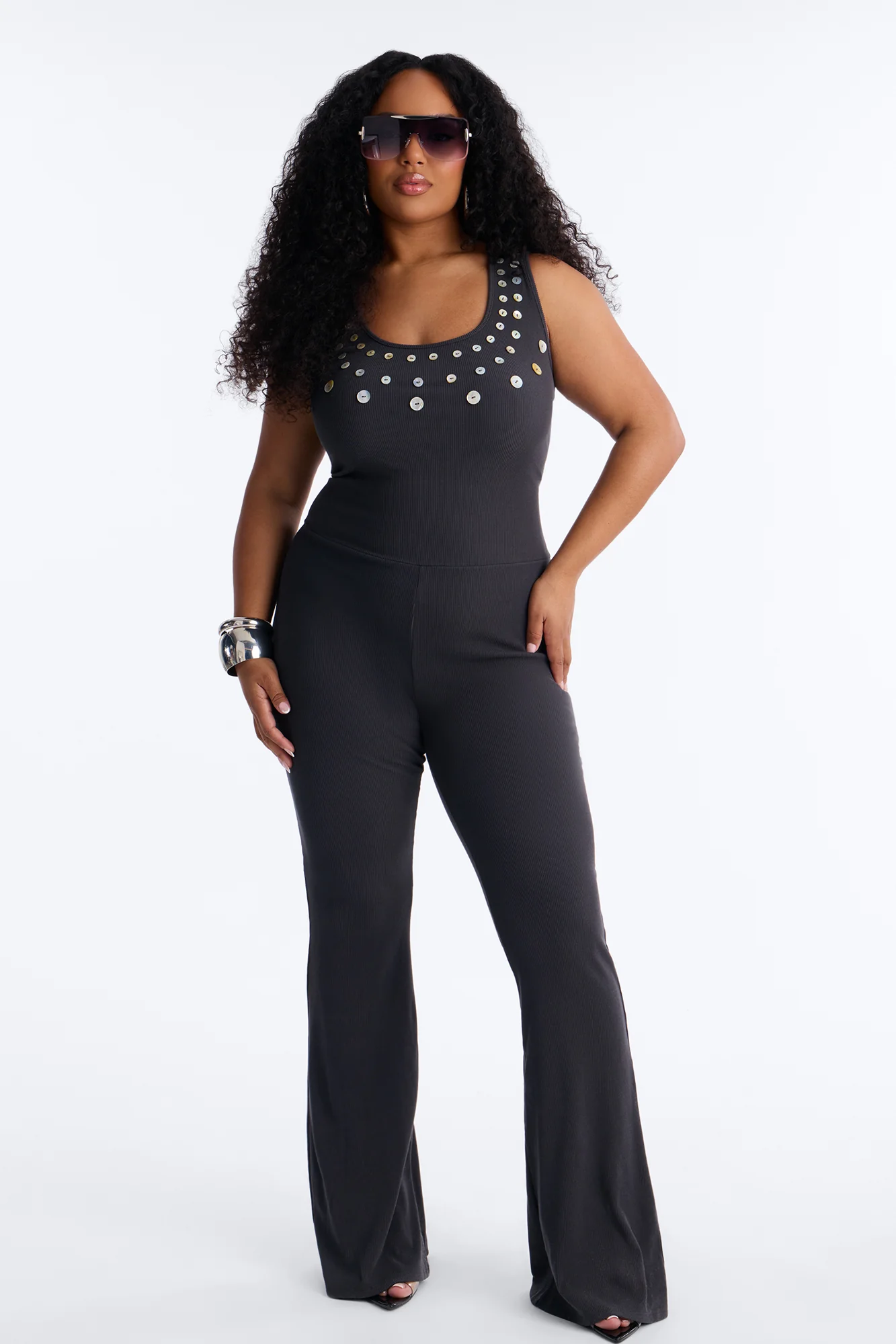 Rio Ribbed Flare Leg Jumpsuit - Charcoal - Image 5