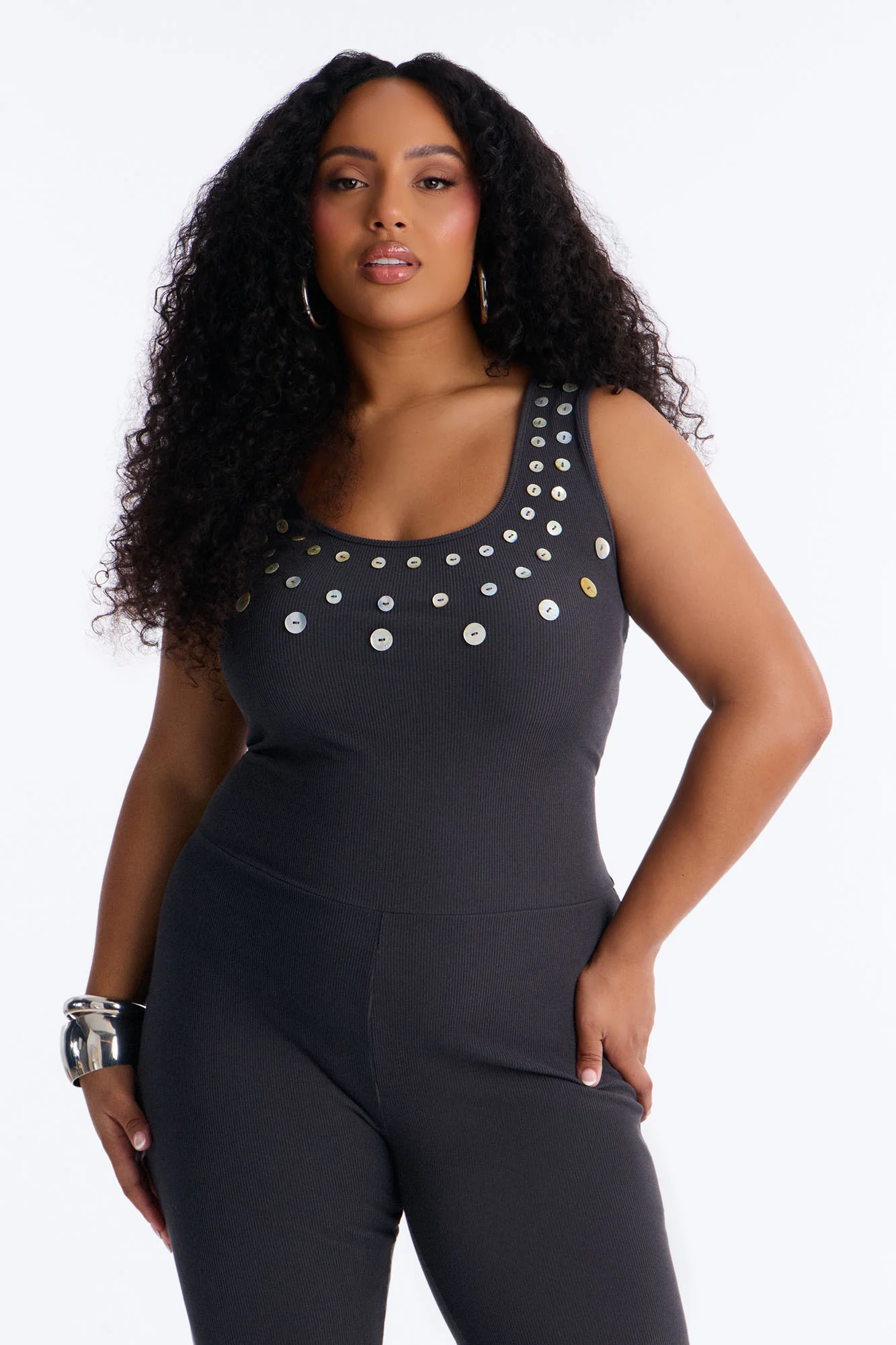 Rio Ribbed Flare Leg Jumpsuit - Charcoal - Image 6