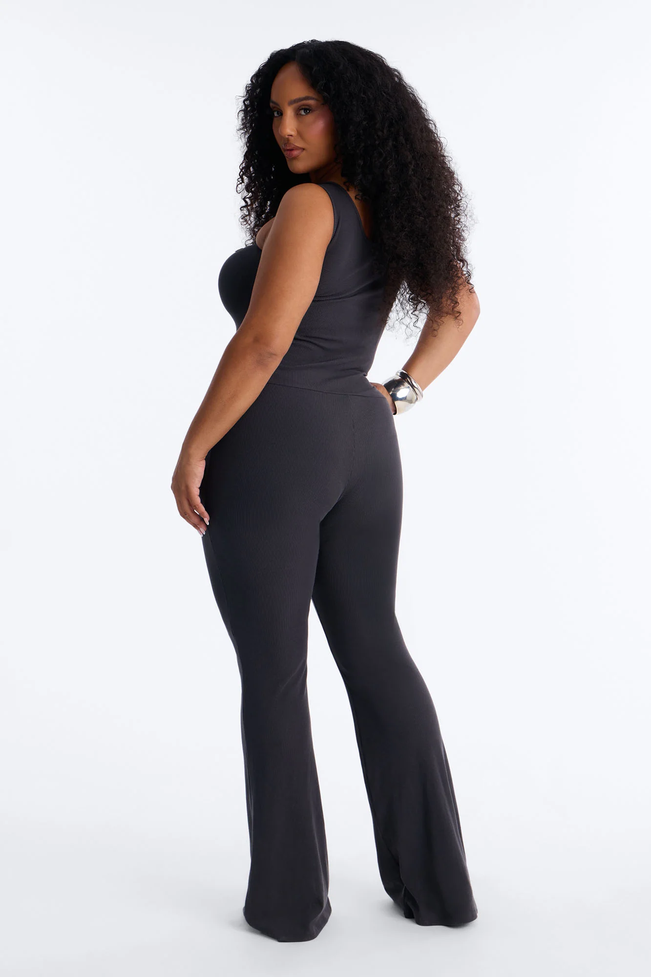 Rio Ribbed Flare Leg Jumpsuit - Charcoal - Image 8