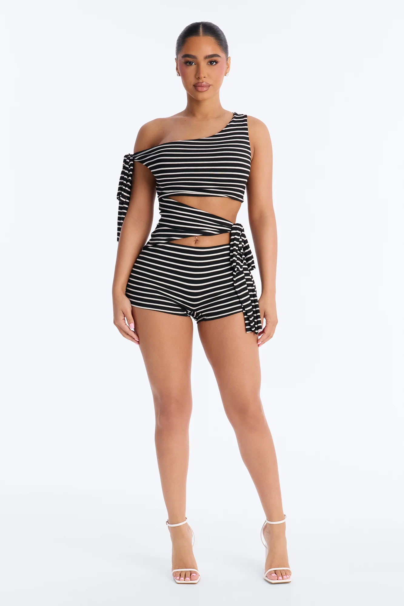 Rio Striped Cut Out Romper - Black/White