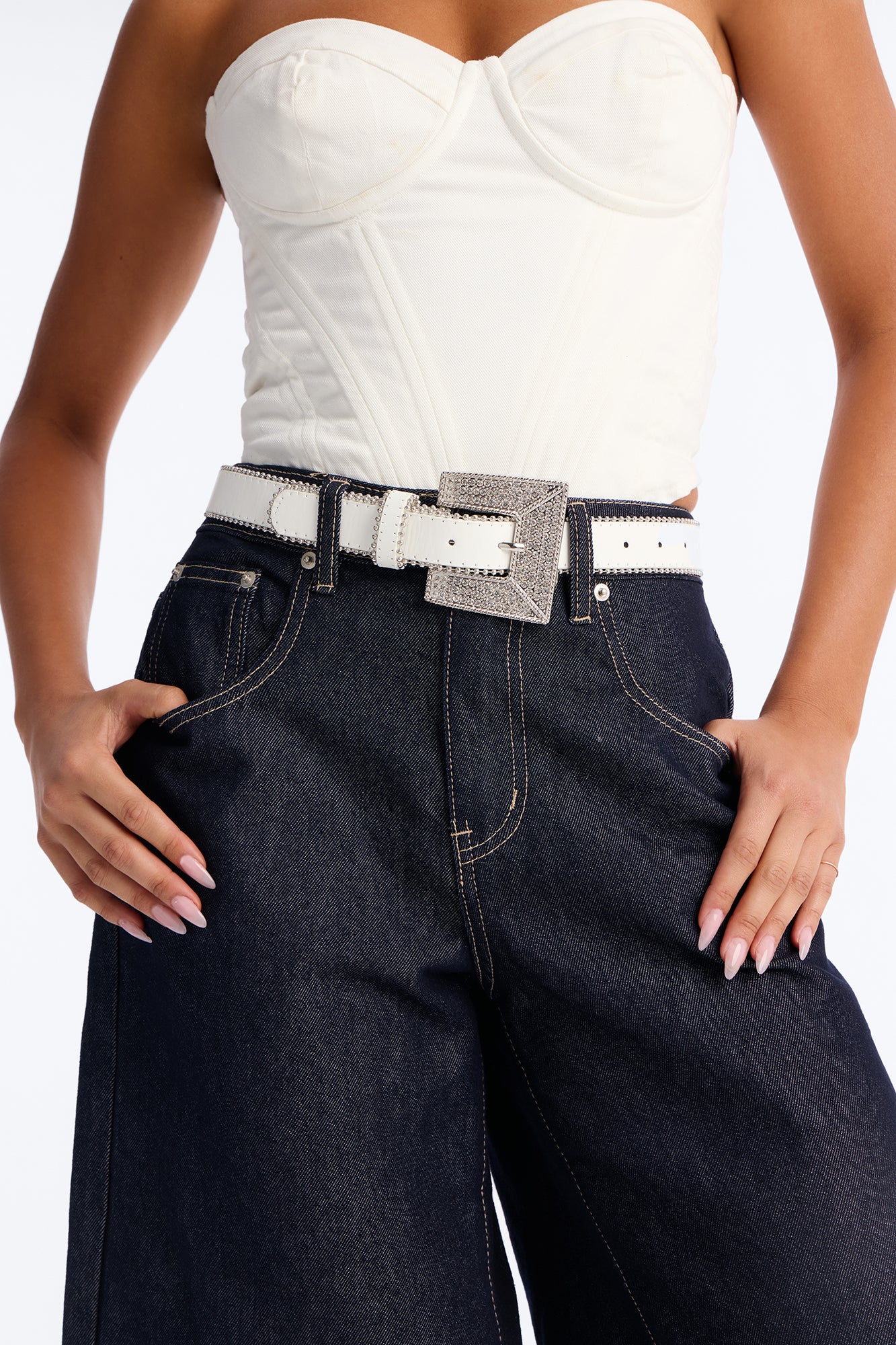 Rise and Shine Faux Leather Belt - White/Silver