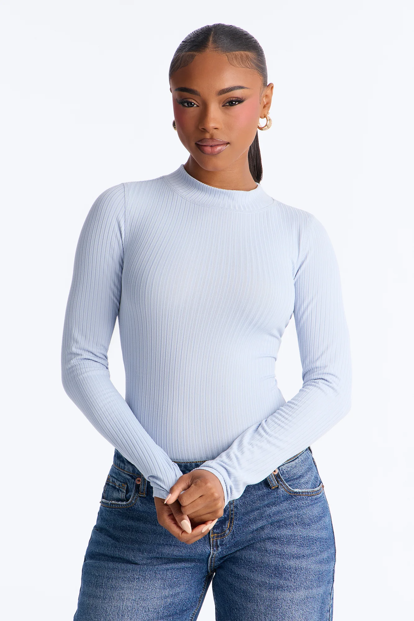 Rita Ribbed Long Sleeve Tee - Dusty Blue