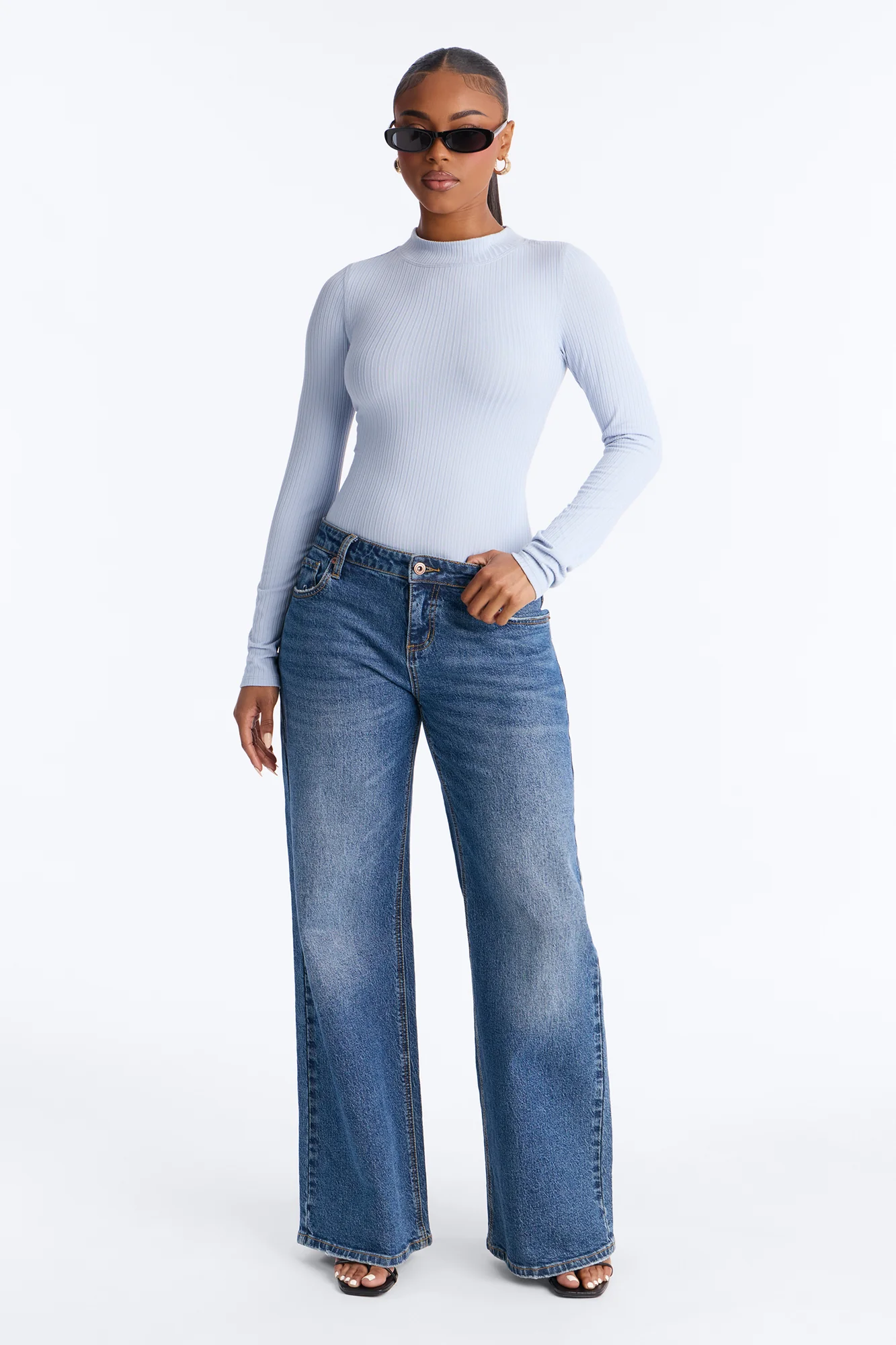 Rita Ribbed Long Sleeve Tee - Dusty Blue - Image 2