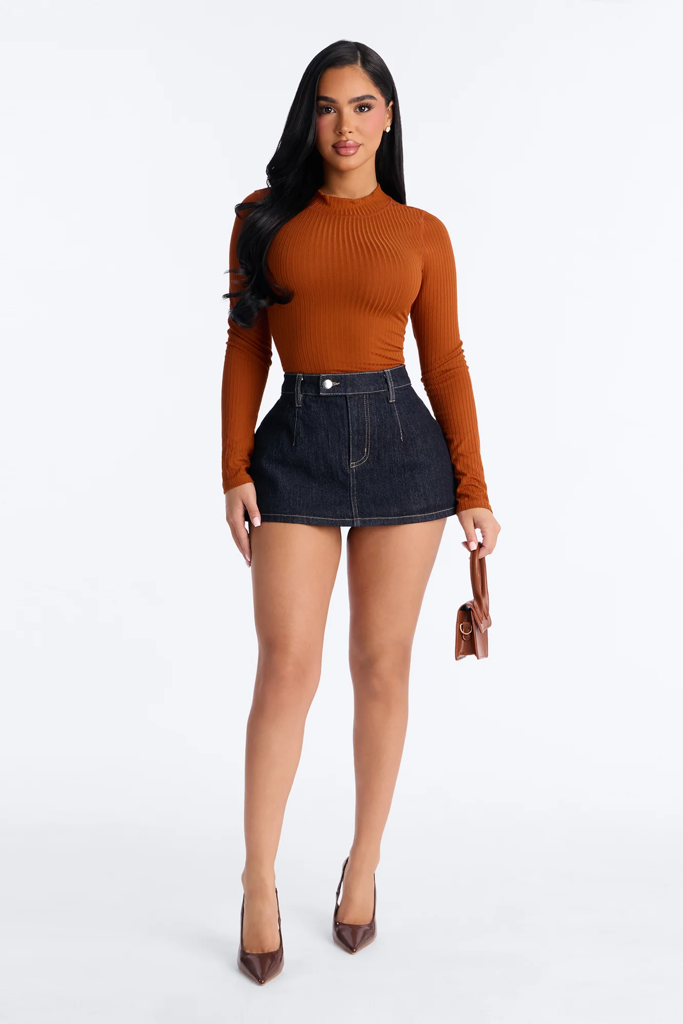 Rita Ribbed Long Sleeve Tee - Rust - Image 2