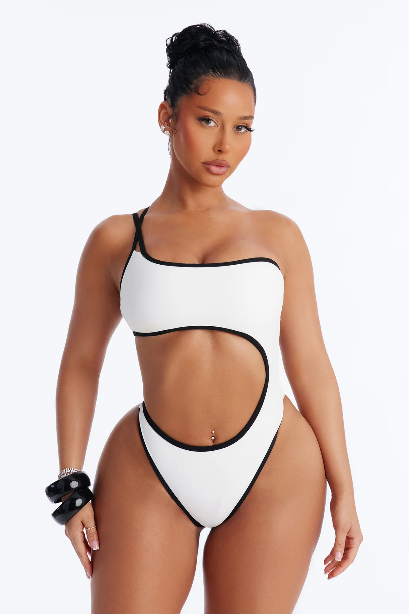 Riviera Ready 1 Piece One Shoulder Cut Out Swimsuit - White/Black