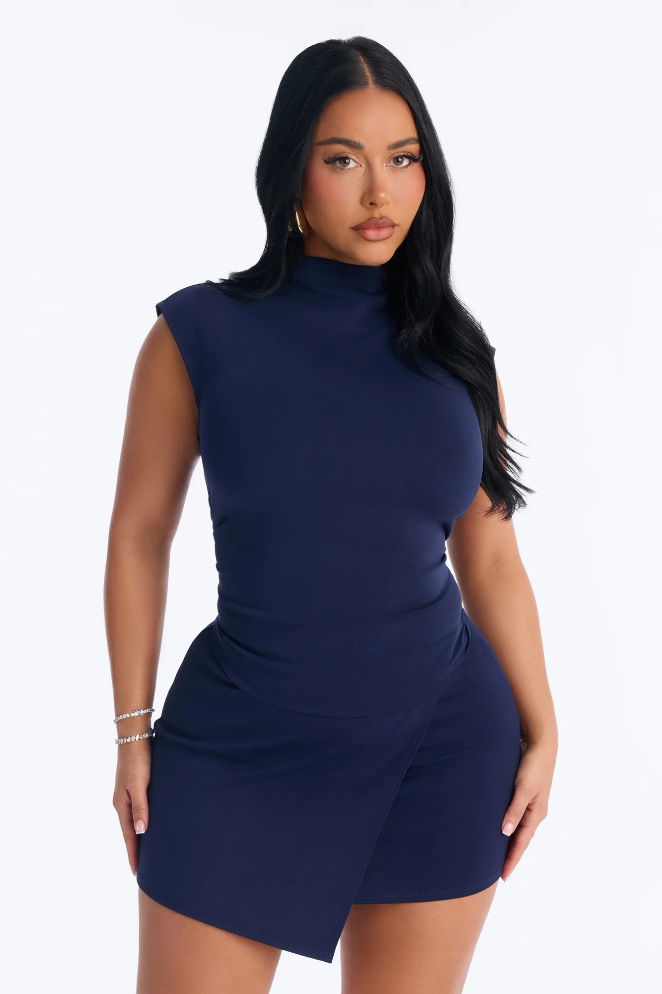 Rodeo Ruched Mock Neck Top - Navy