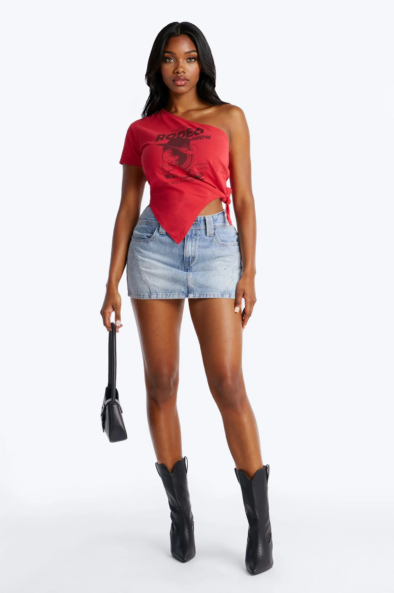 Rodeo Show One Shoulder Tee - Red - Image 2
