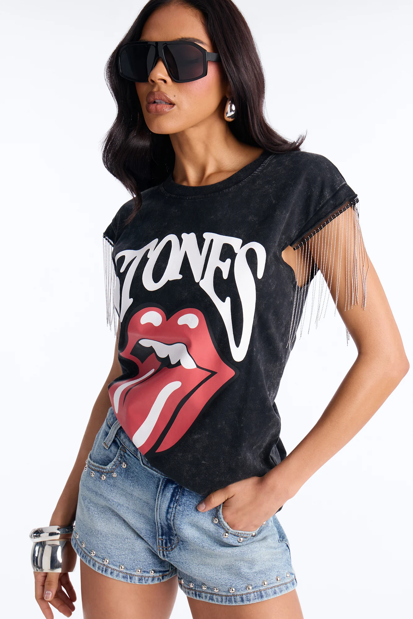 Rolling Stones Chain Sleeve Tee - Black - Image 3