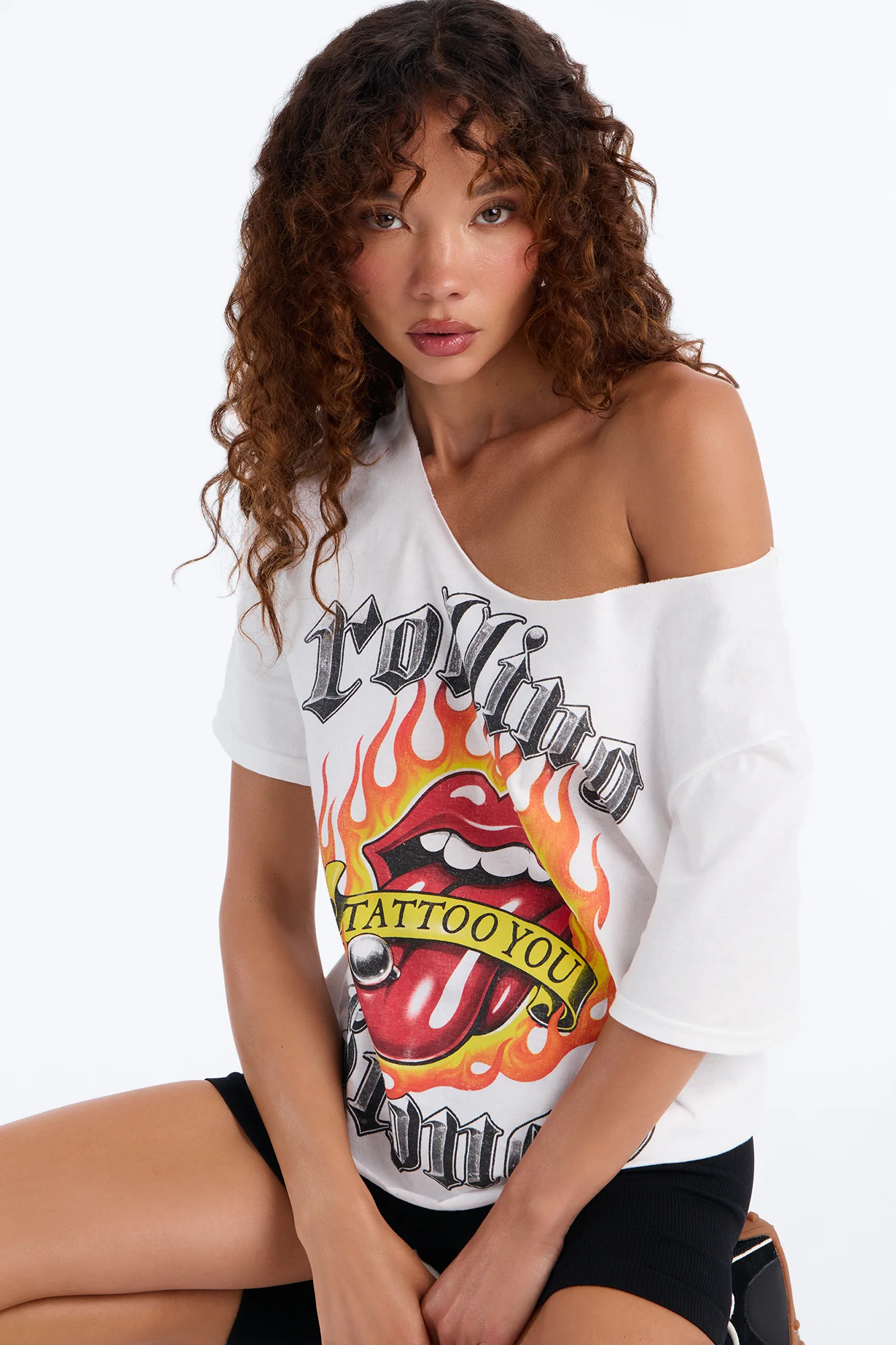 Rolling Stones Flame Off Shoulder Tee - White - Image 2