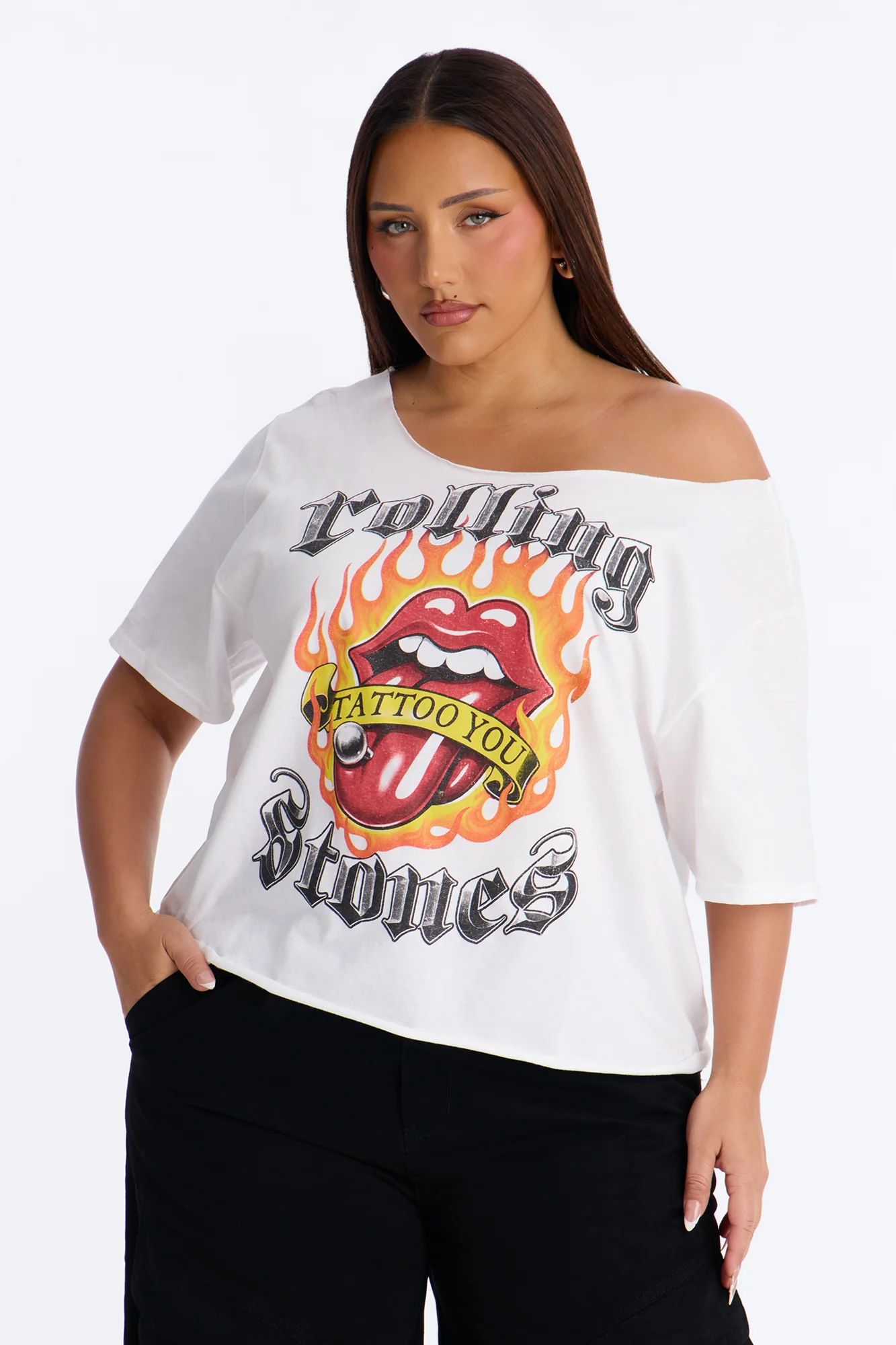 Rolling Stones Flame Off Shoulder Tee - White - Image 4