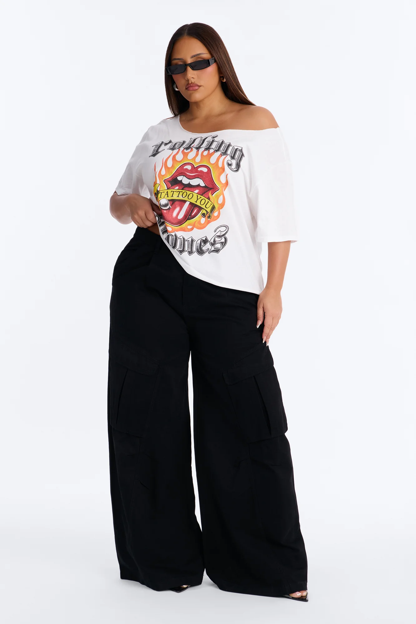 Rolling Stones Flame Off Shoulder Tee - White - Image 5