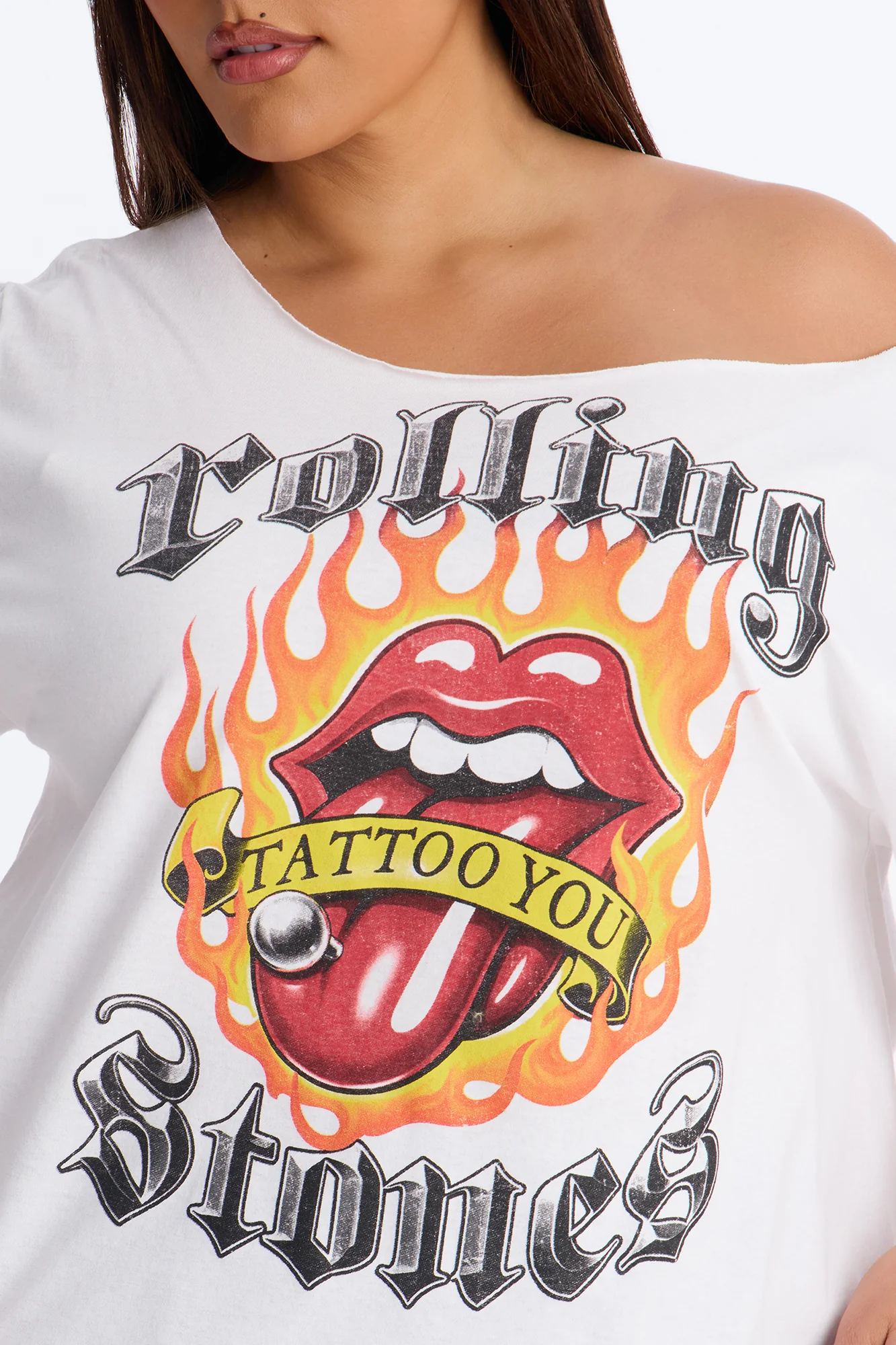 Rolling Stones Flame Off Shoulder Tee - White - Image 6