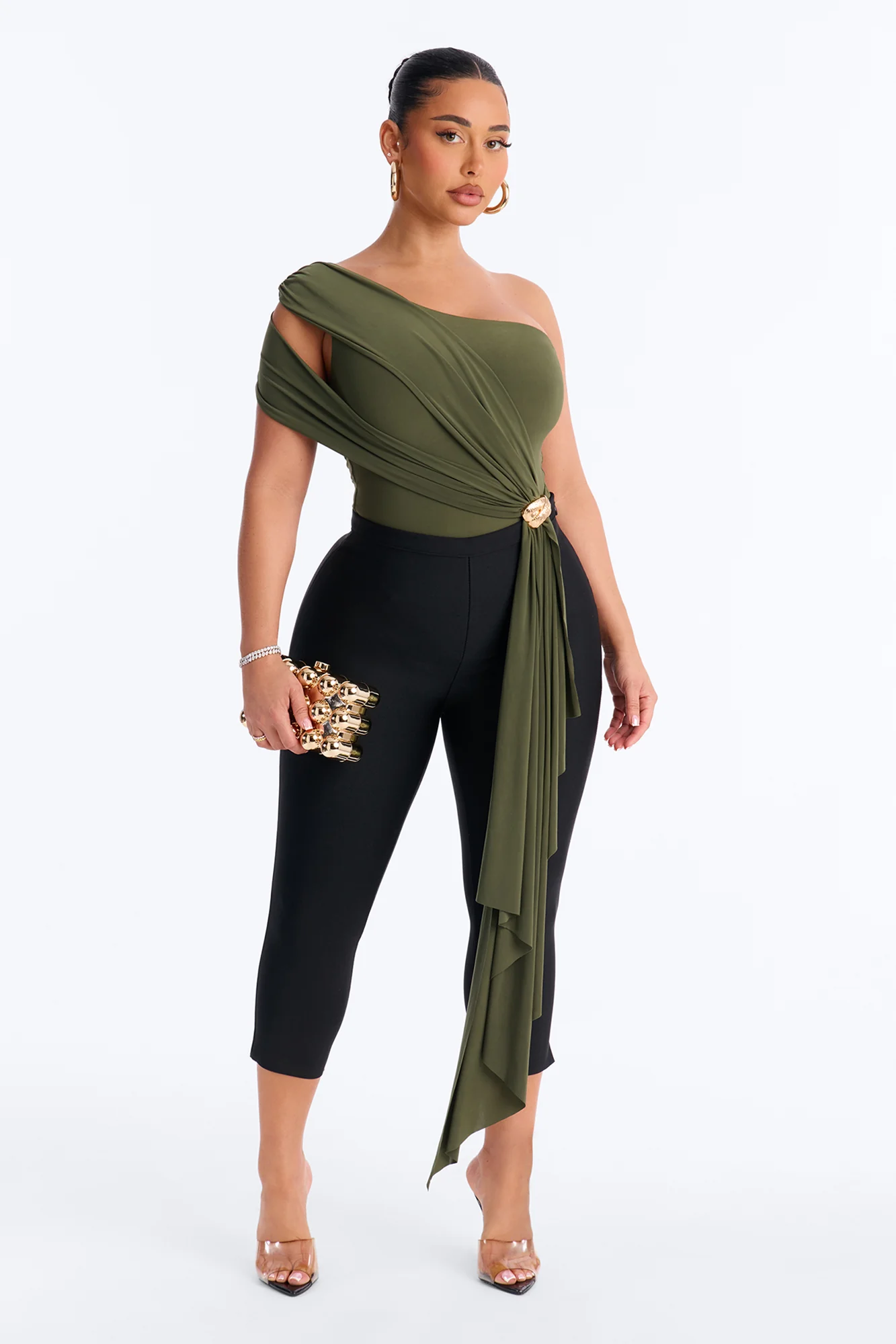 Roma Muse One Shoulder Draped Bodysuit - Olive