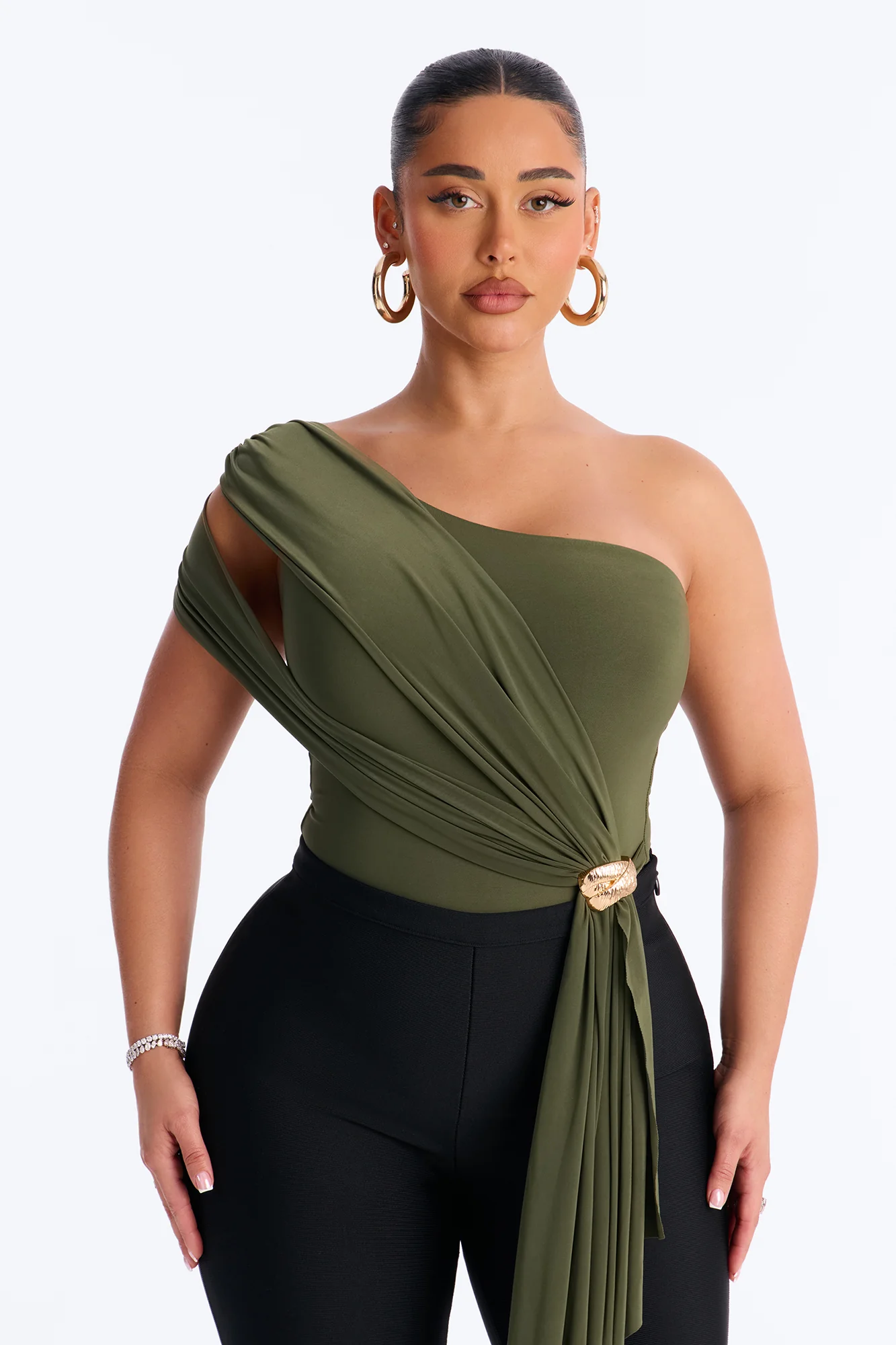 Roma Muse One Shoulder Draped Bodysuit - Olive - Image 2