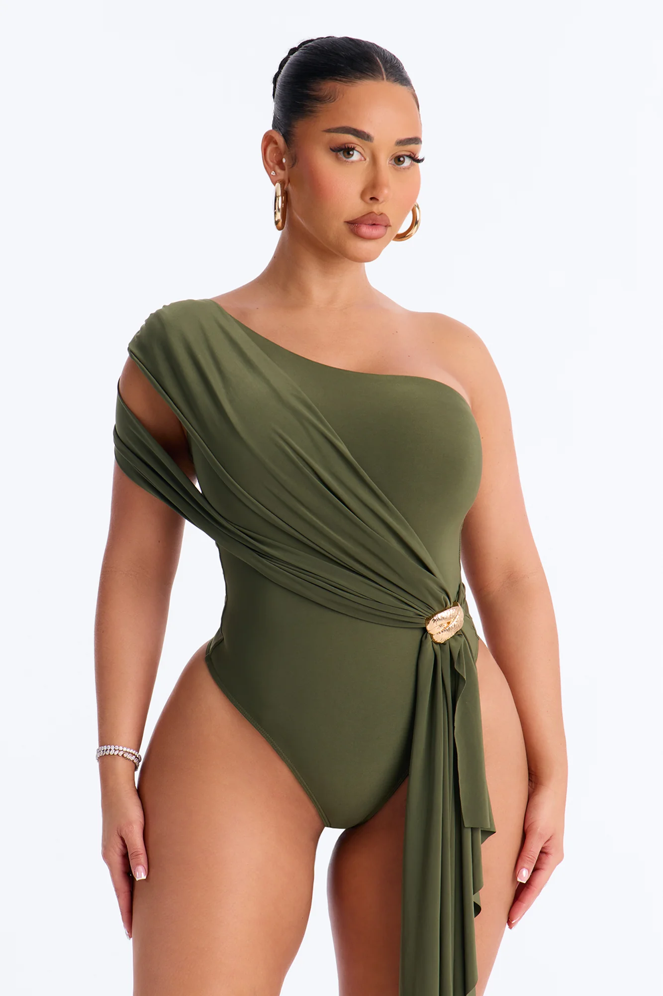 Roma Muse One Shoulder Draped Bodysuit - Olive - Image 3