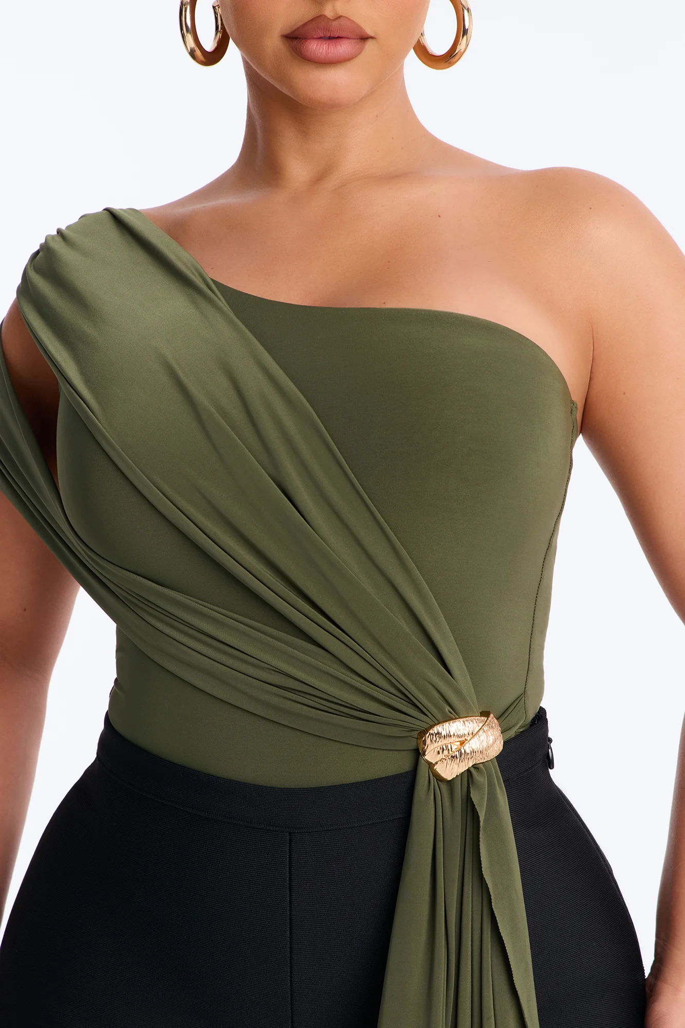 Roma Muse One Shoulder Draped Bodysuit - Olive - Image 4