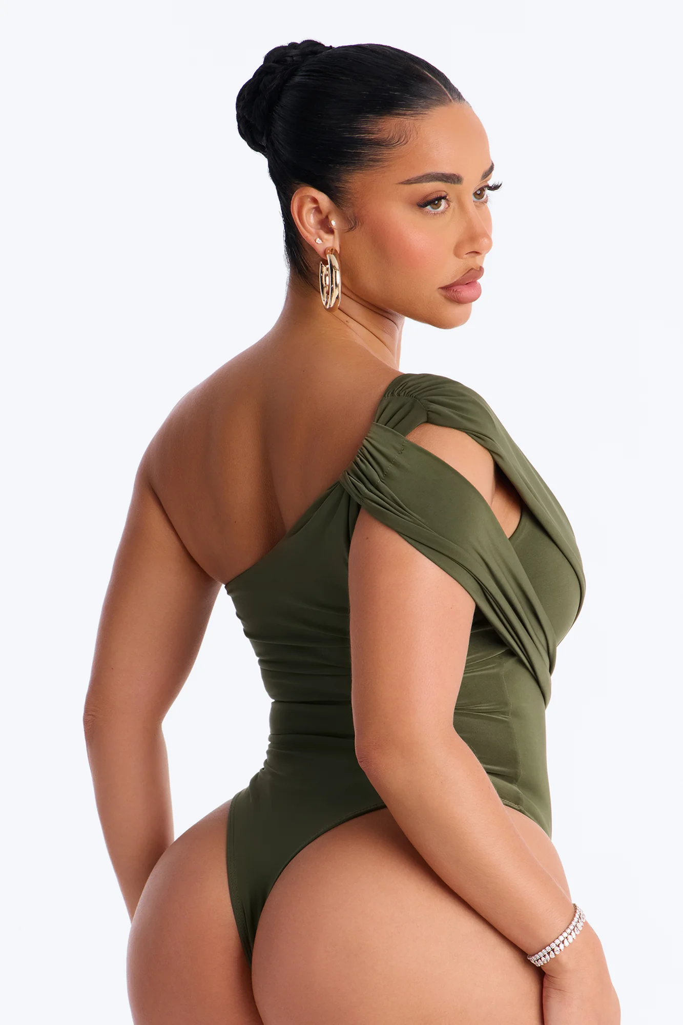 Roma Muse One Shoulder Draped Bodysuit - Olive - Image 5