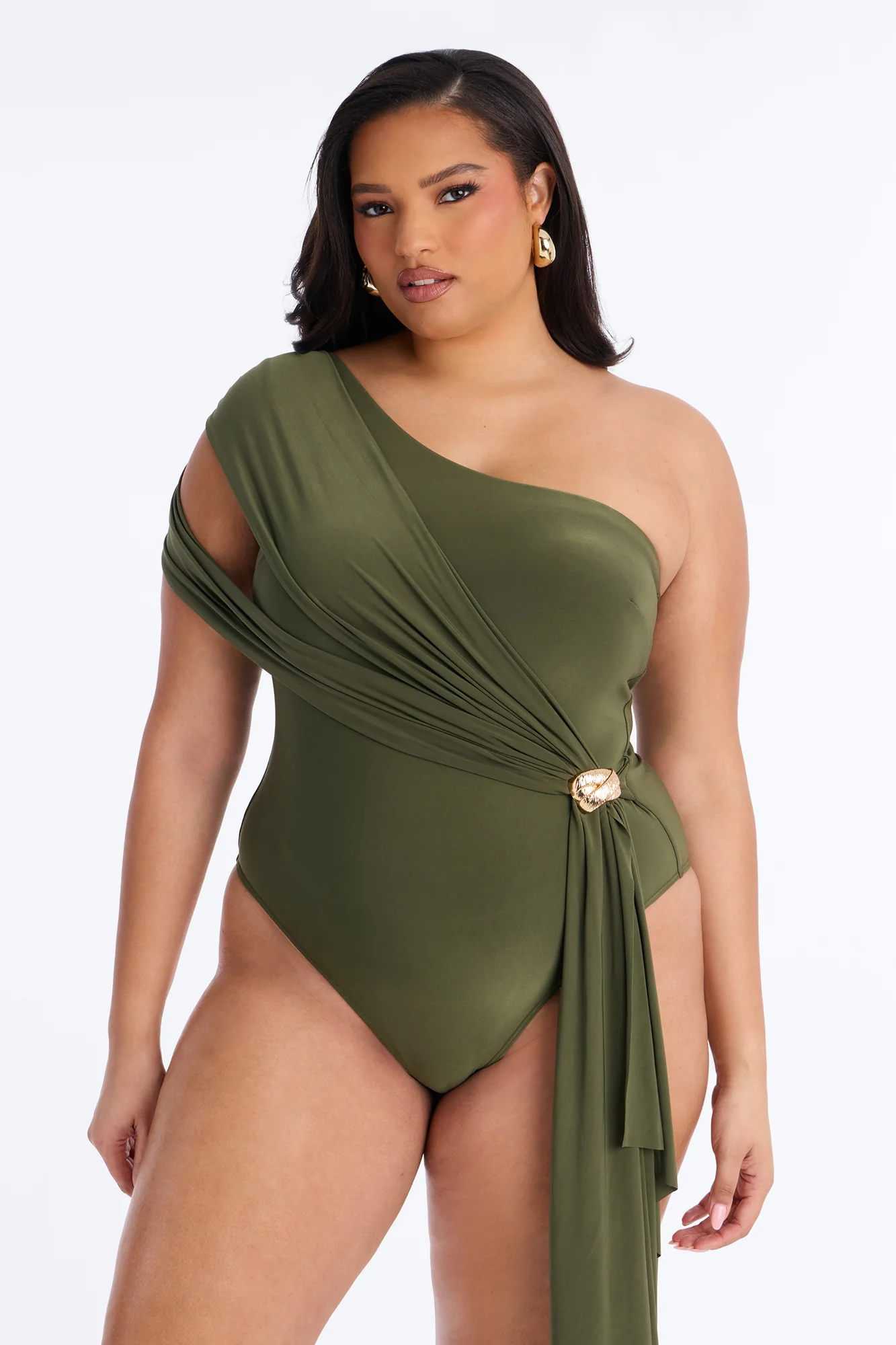 Roma Muse One Shoulder Draped Bodysuit - Olive - Image 6