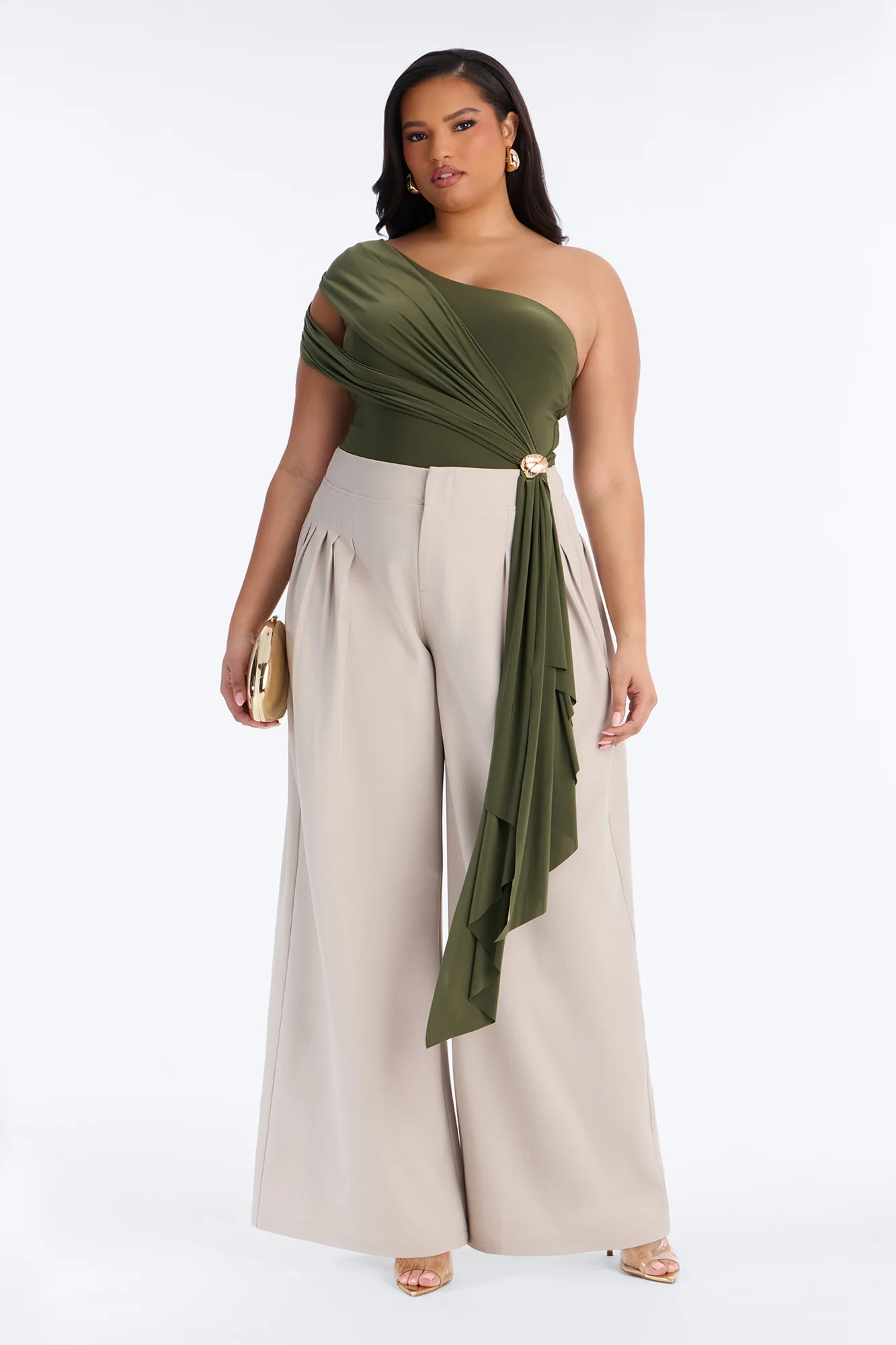 Roma Muse One Shoulder Draped Bodysuit - Olive - Image 7