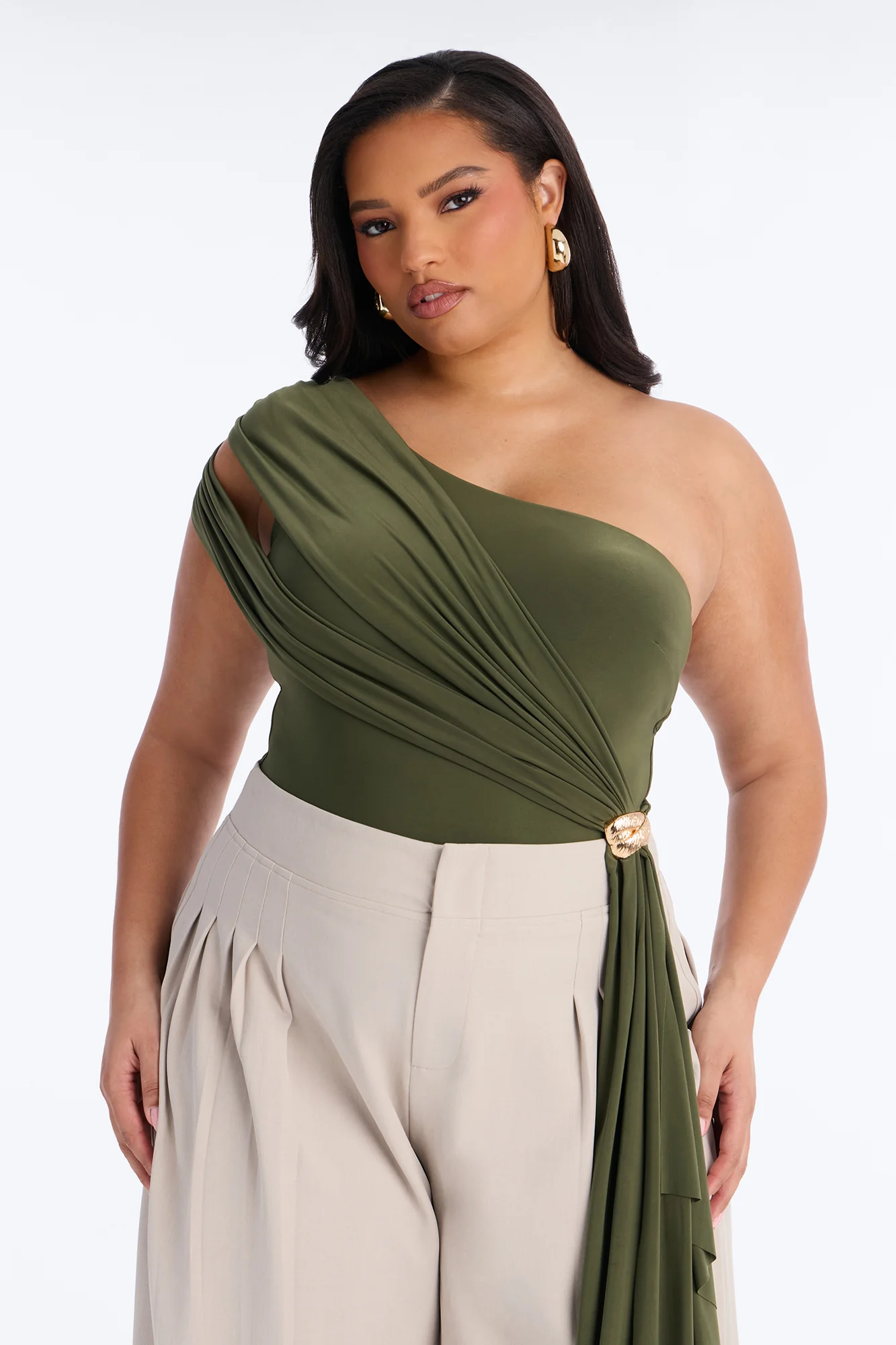 Roma Muse One Shoulder Draped Bodysuit - Olive - Image 8