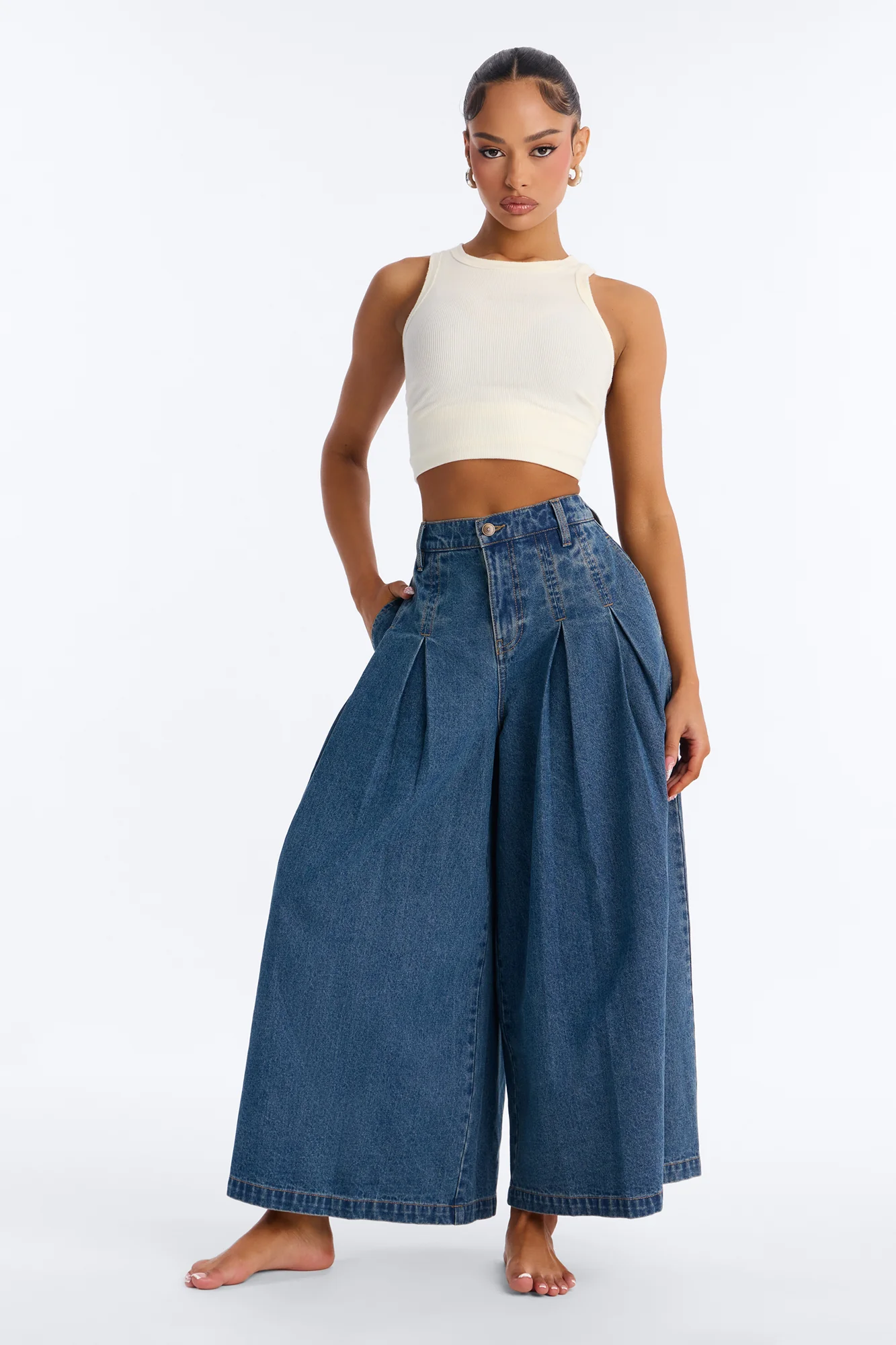 Roma Pleated Denim Culotte Jeans - Dark Wash