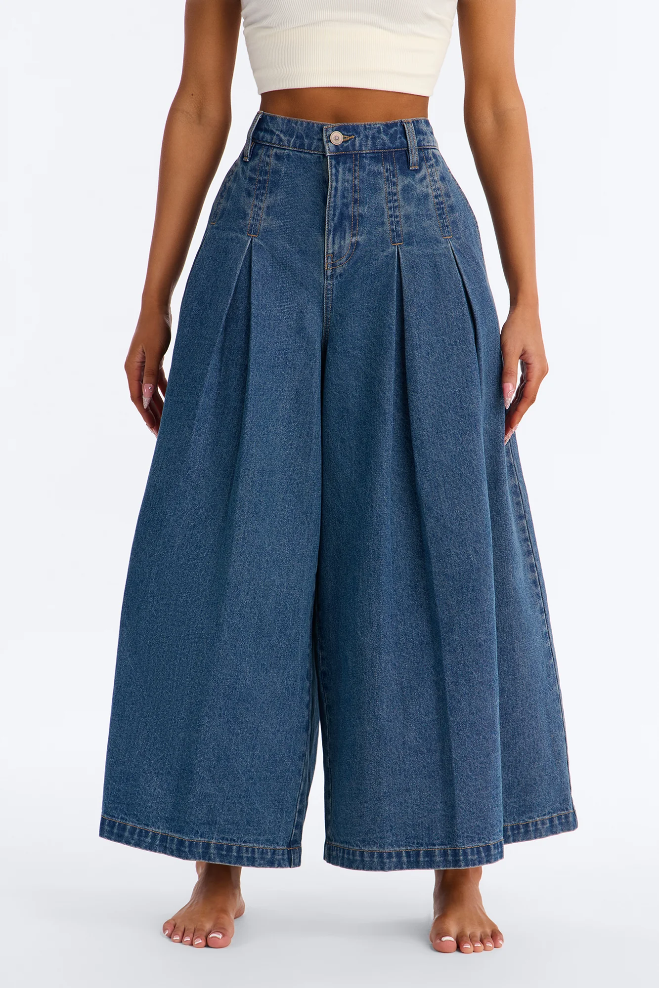 Roma Pleated Denim Culotte Jeans - Dark Wash - Image 2