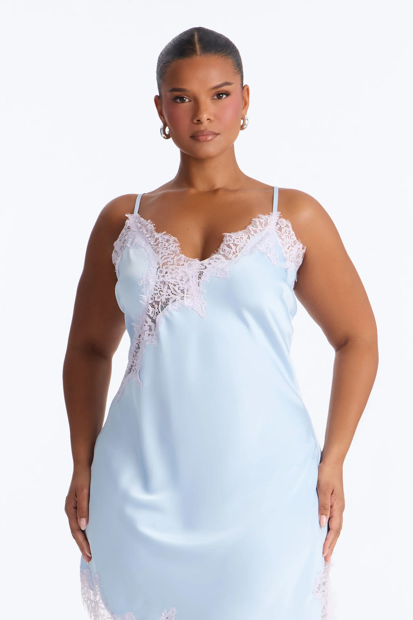 Romee Lace Trim Satin Mini Dress - Light Blue - Image 6