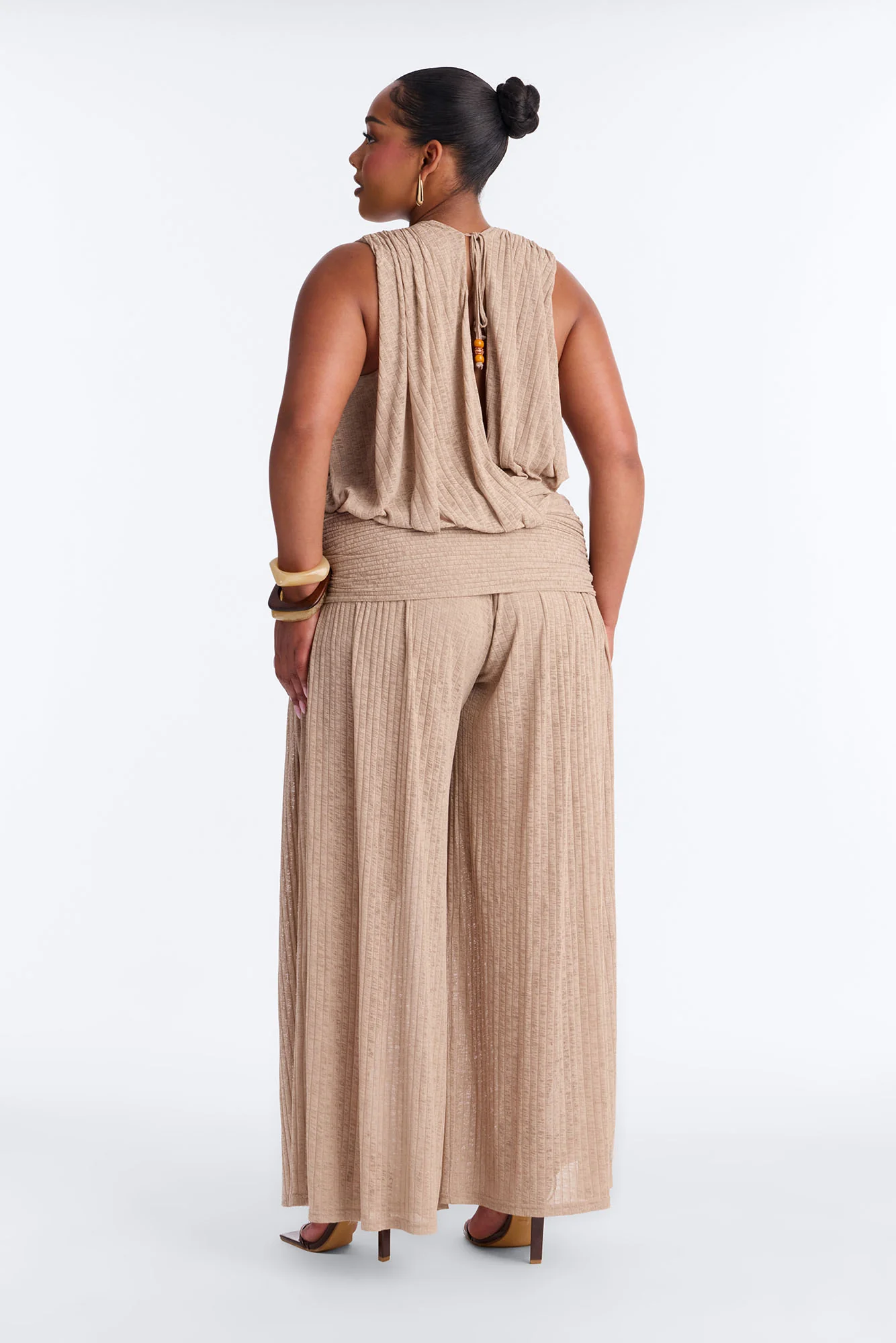 Romy Beaded Wide Leg Slit Jumpsuit - Taupe - Image 9