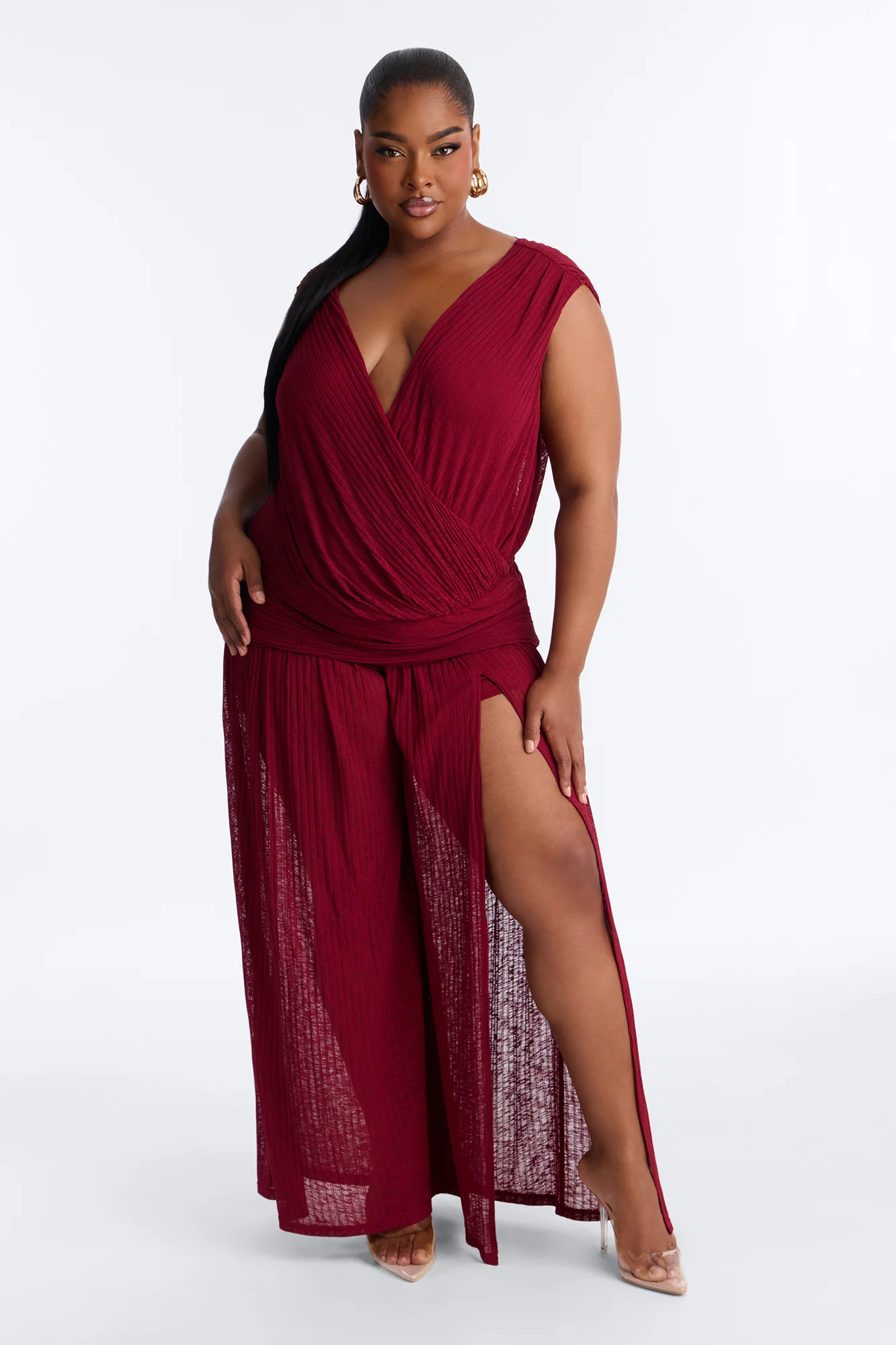 Romy Beaded Wide Leg Slit Jumpsuit - Wine - Image 6