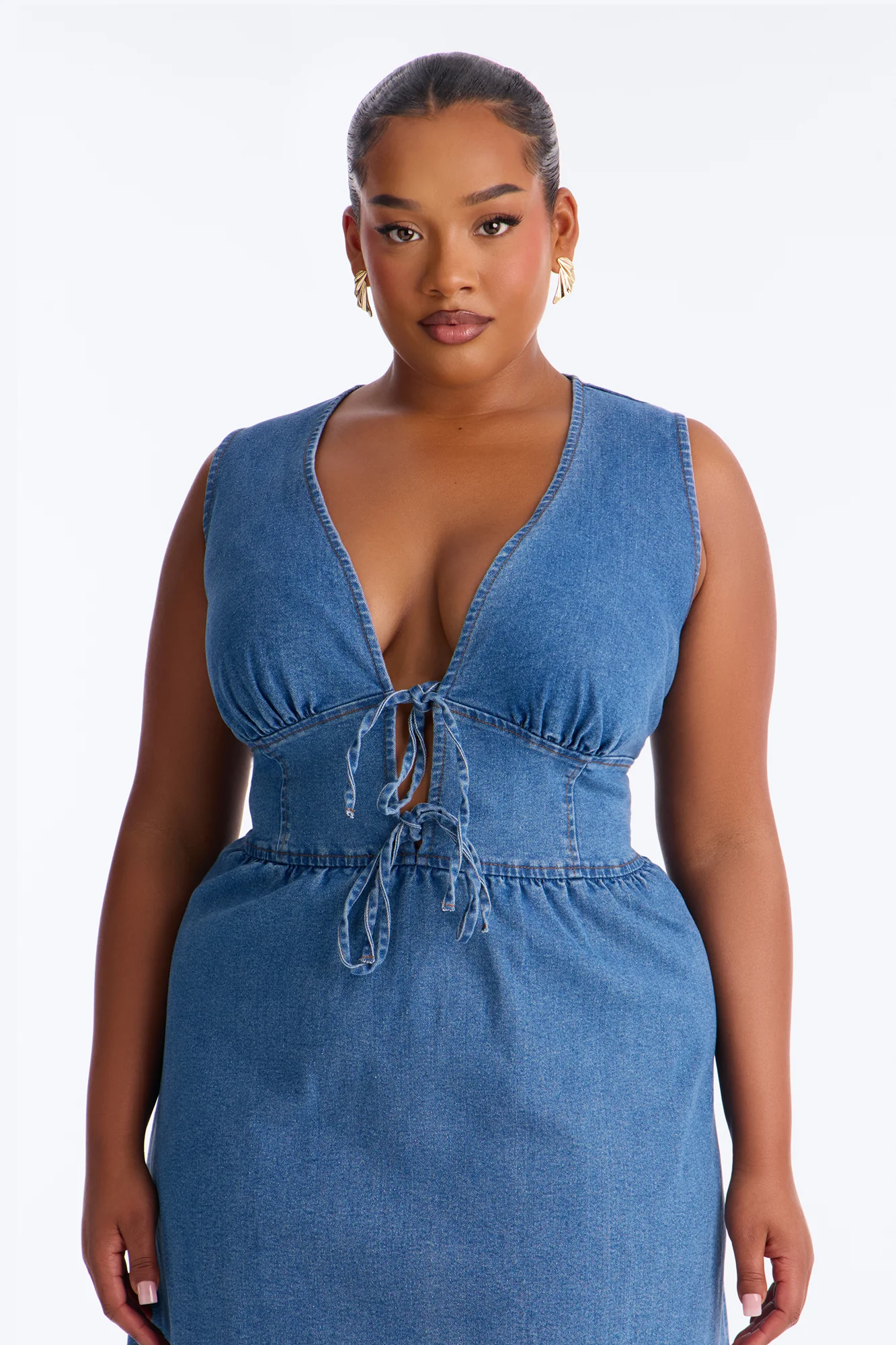 Rory Pleated Denim Midi Dress - Medium Wash - Image 6