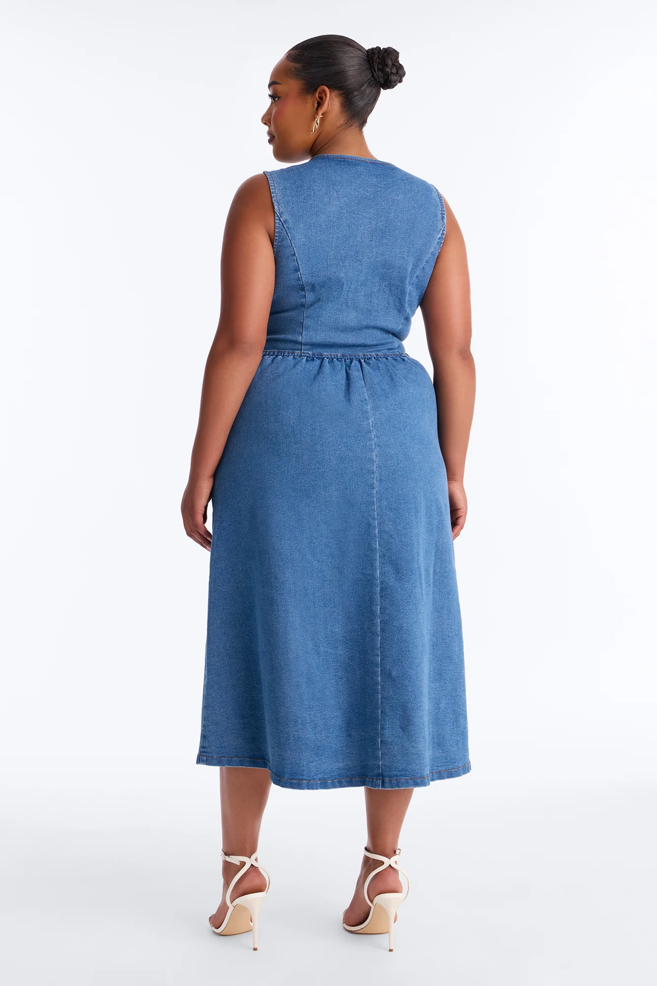 Rory Pleated Denim Midi Dress - Medium Wash - Image 8