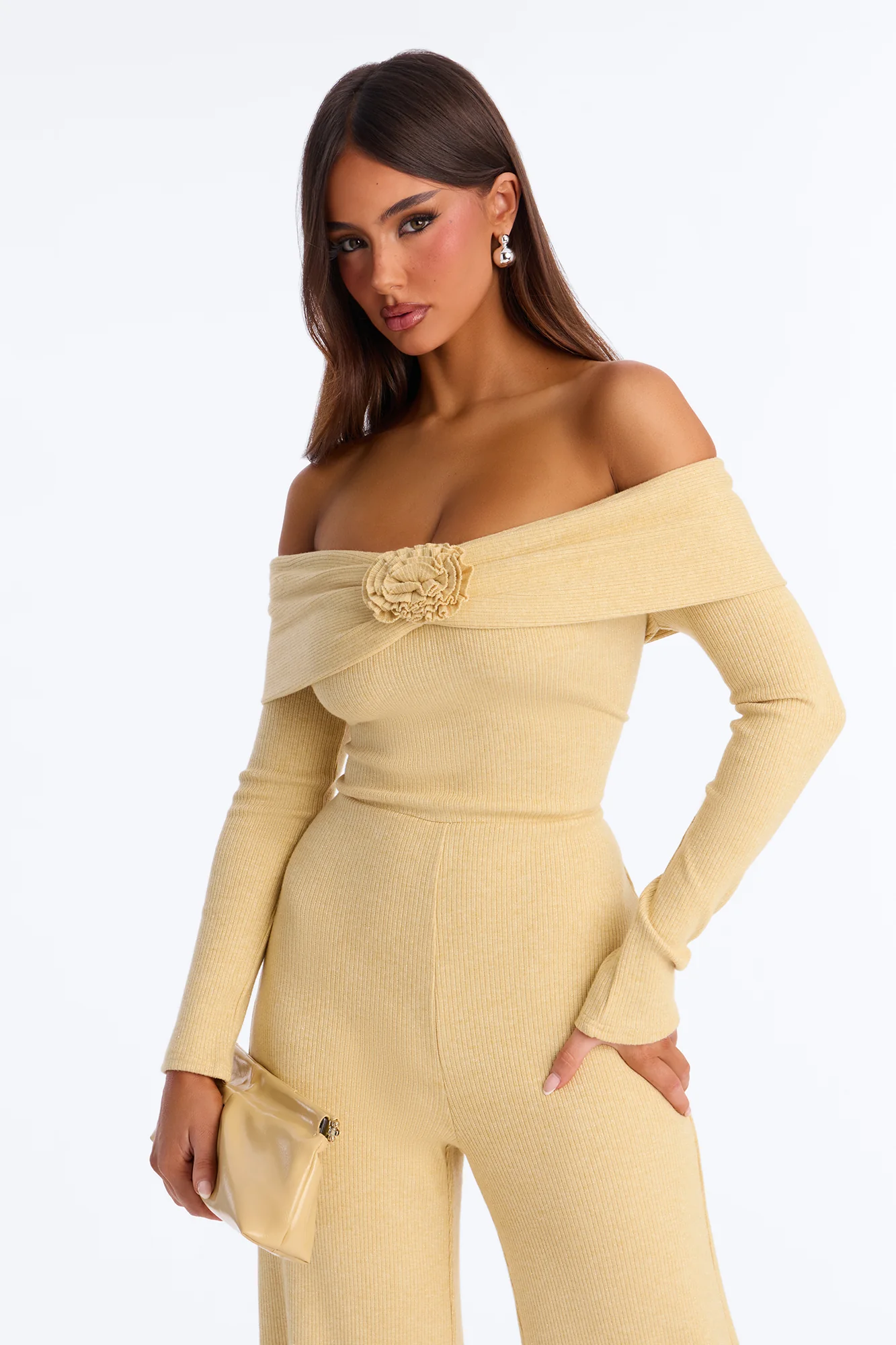 Rosa Knit Off Shoulder Jumpsuit - Butter Yellow - Image 2