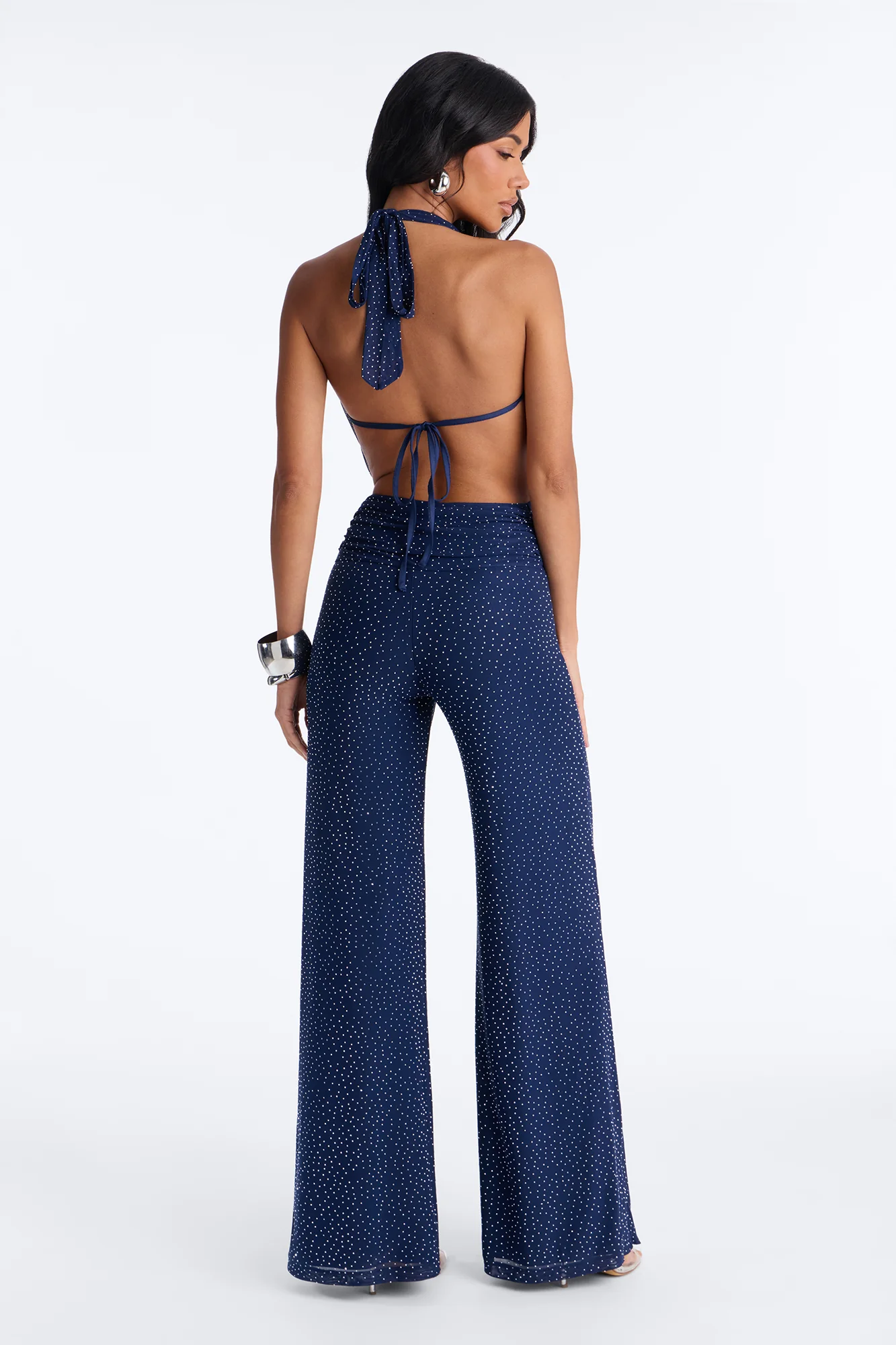 Rosa Rhinestone Mesh Backless Jumpsuit - Navy - Image 3
