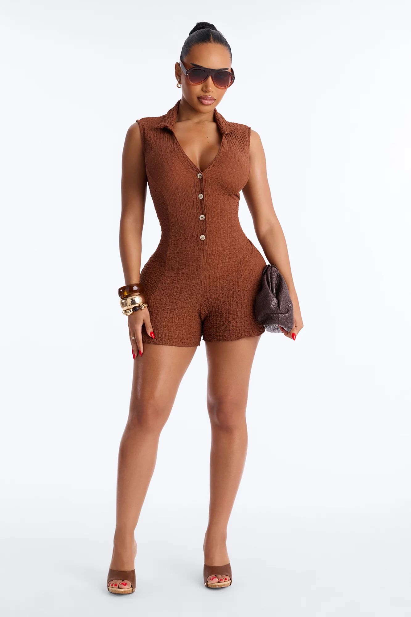Rosa Textured Sleeveless Romper - Chocolate - Image 2