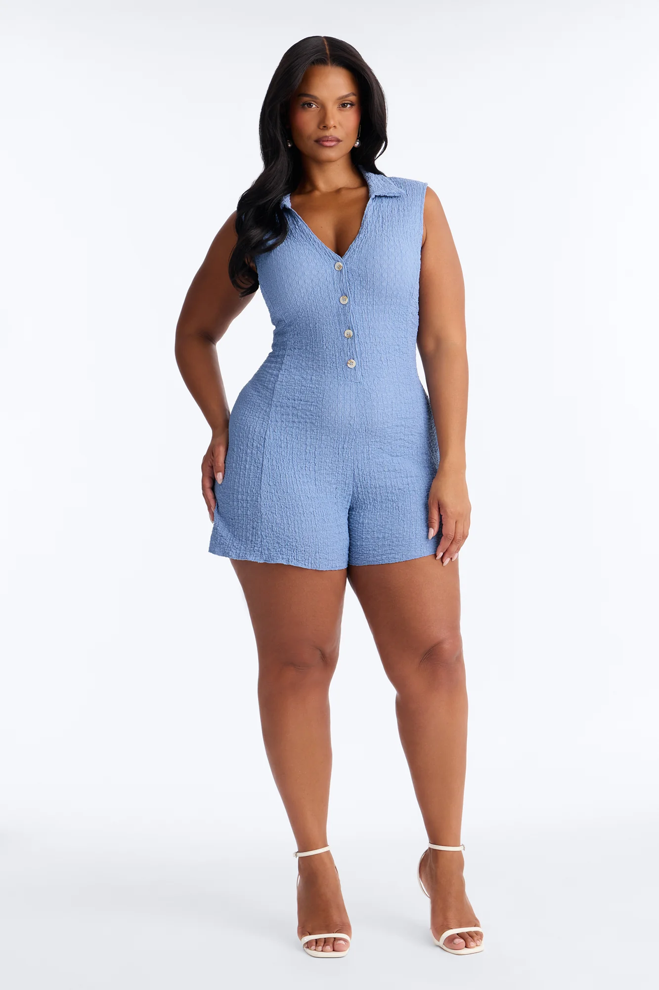 Rosa Textured Sleeveless Romper - Slate Blue - Image 6