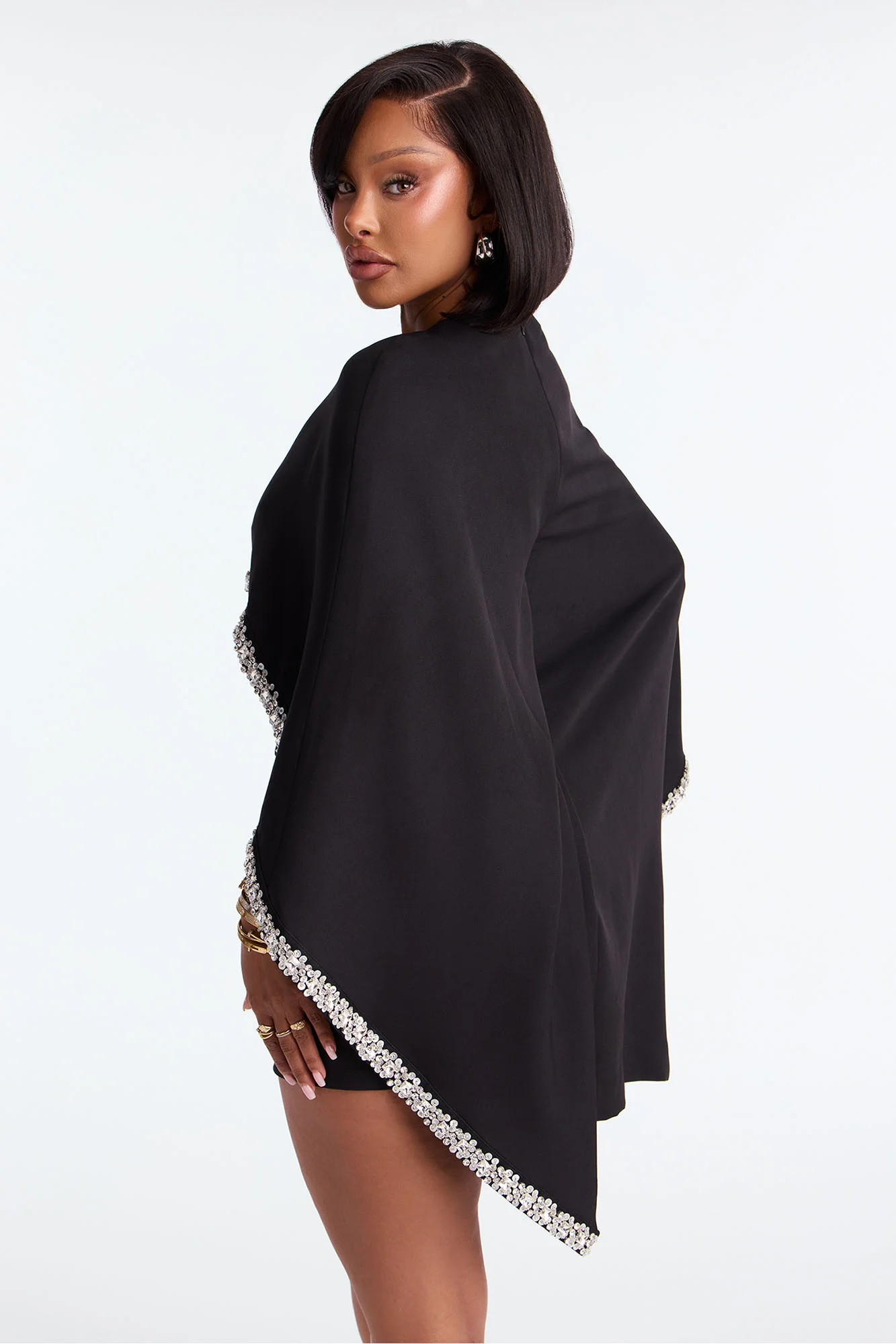 Rosalee Rhinestone Trim Cape Mini Dress - Black - Image 3