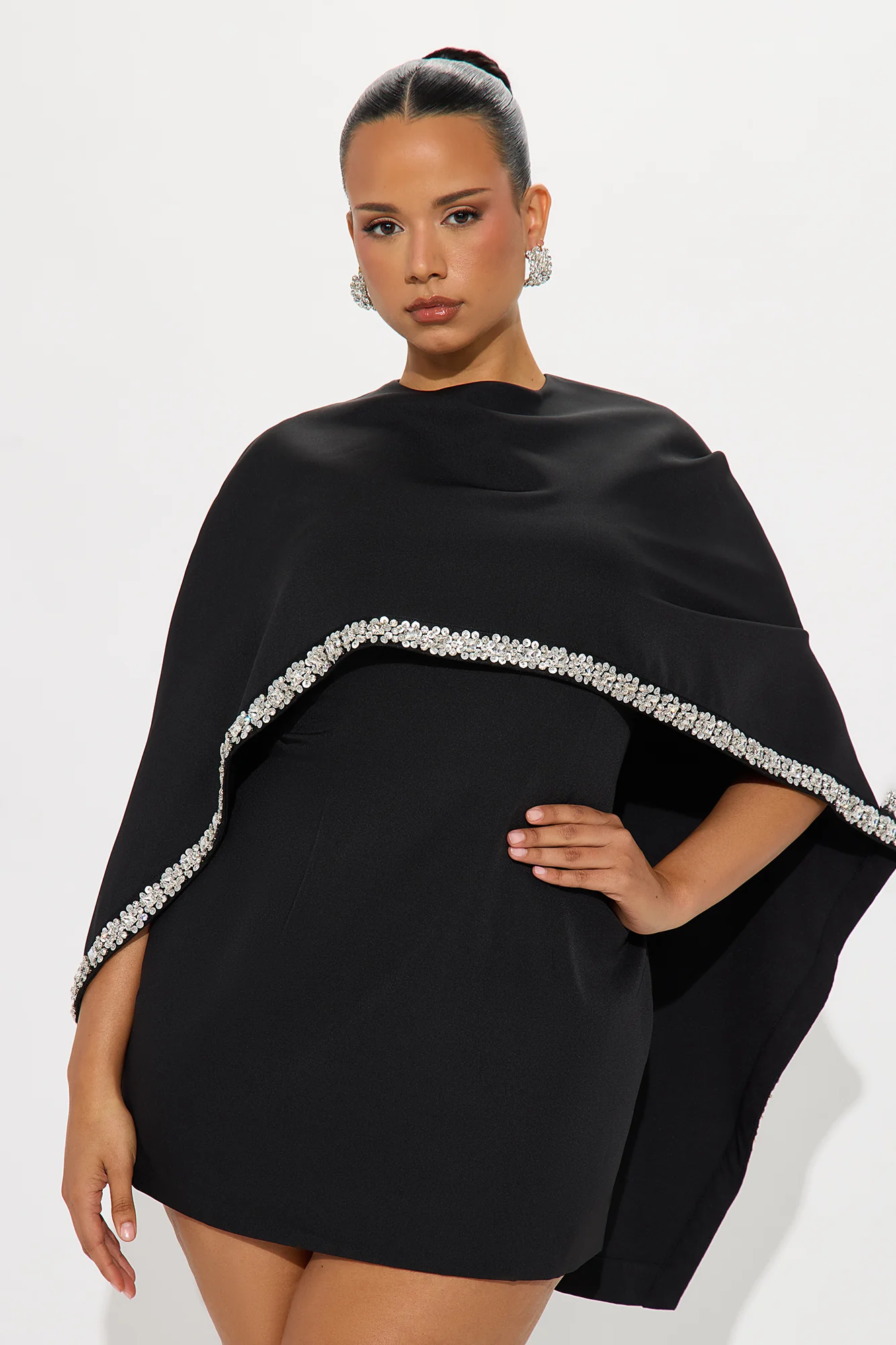 Rosalee Rhinestone Trim Cape Mini Dress - Black - Image 4