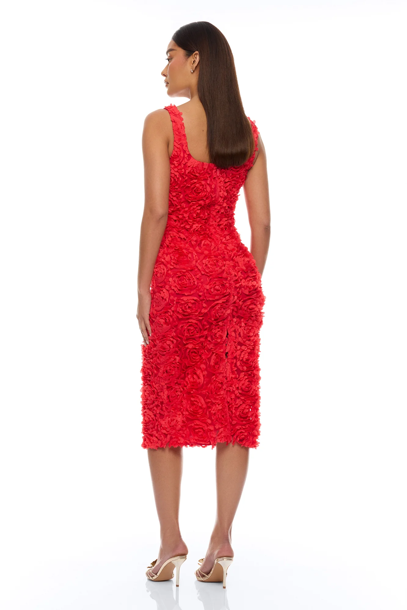 Rose Gardens Floral Applique Midi Dress - Red - Image 4
