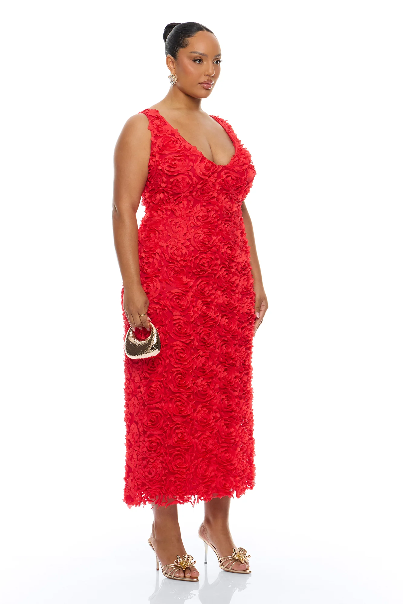 Rose Gardens Floral Applique Midi Dress - Red - Image 5