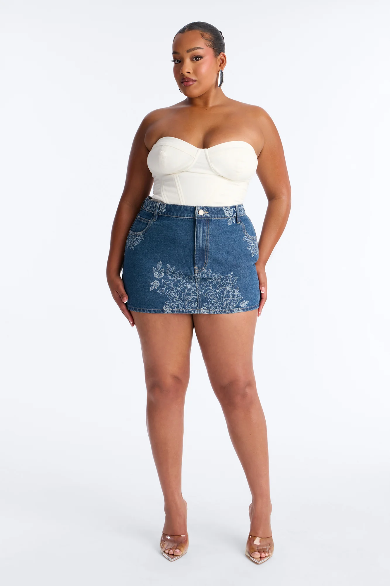 Rose Kiss Floral Print Denim Mini Skirt - Medium Wash - Image 6