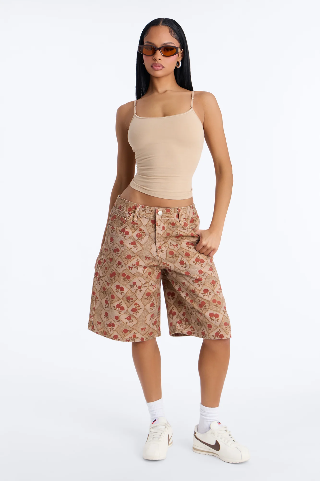 Roses Are Red Printed Denim Jorts - Brown/combo - Image 2