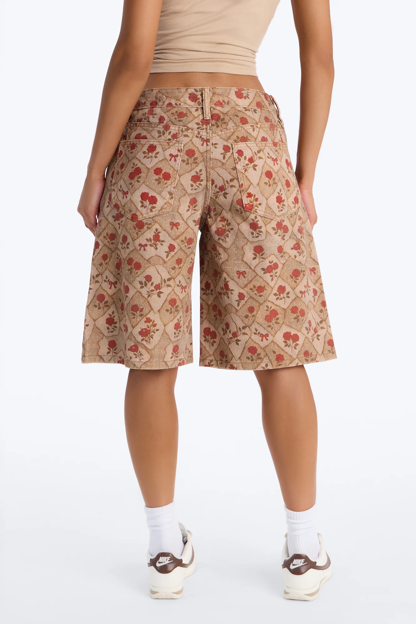 Roses Are Red Printed Denim Jorts - Brown/combo - Image 4