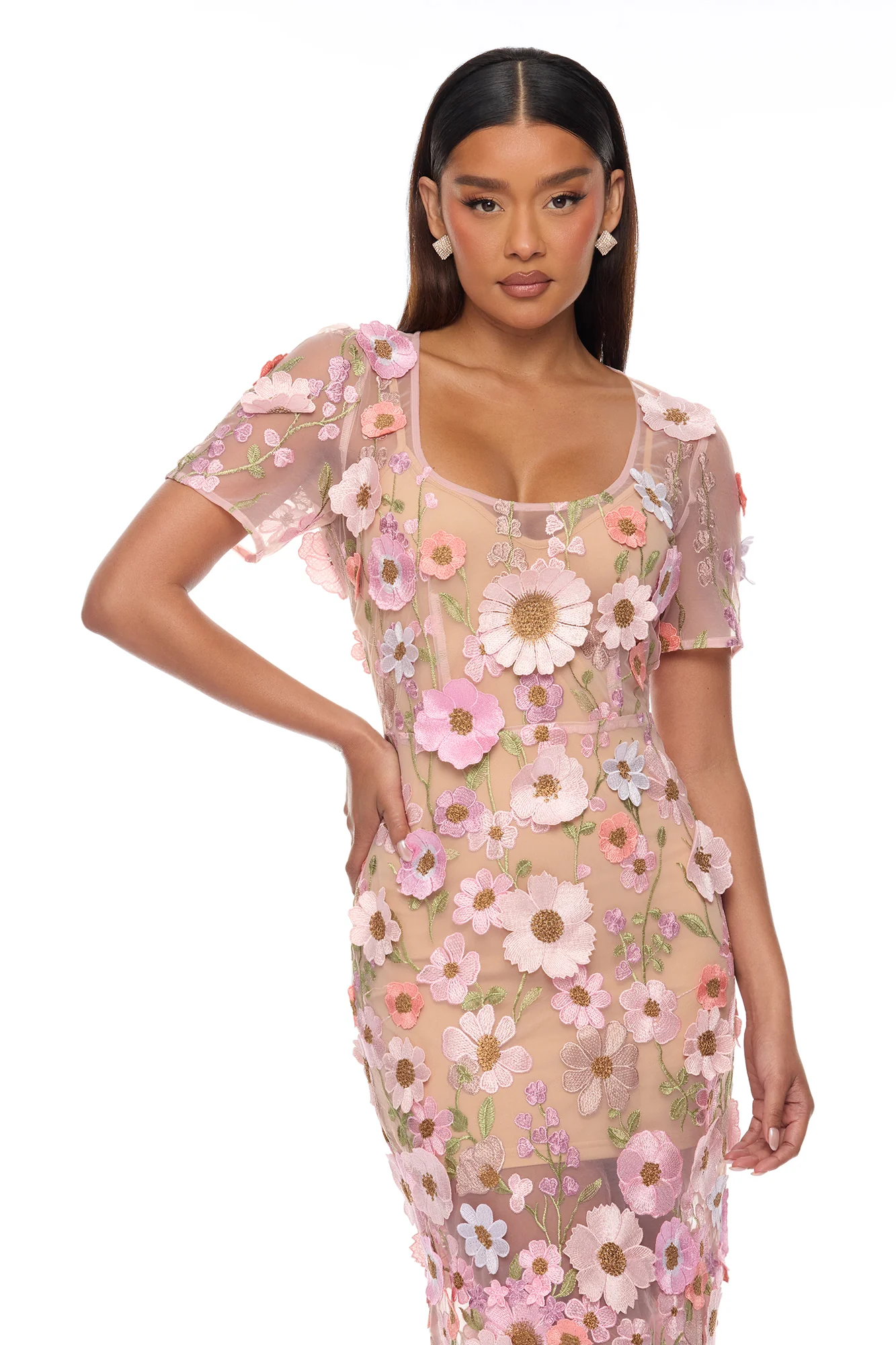 Rosewood Floral Embroidered Mesh Midi Dress - Pink/combo - Image 3