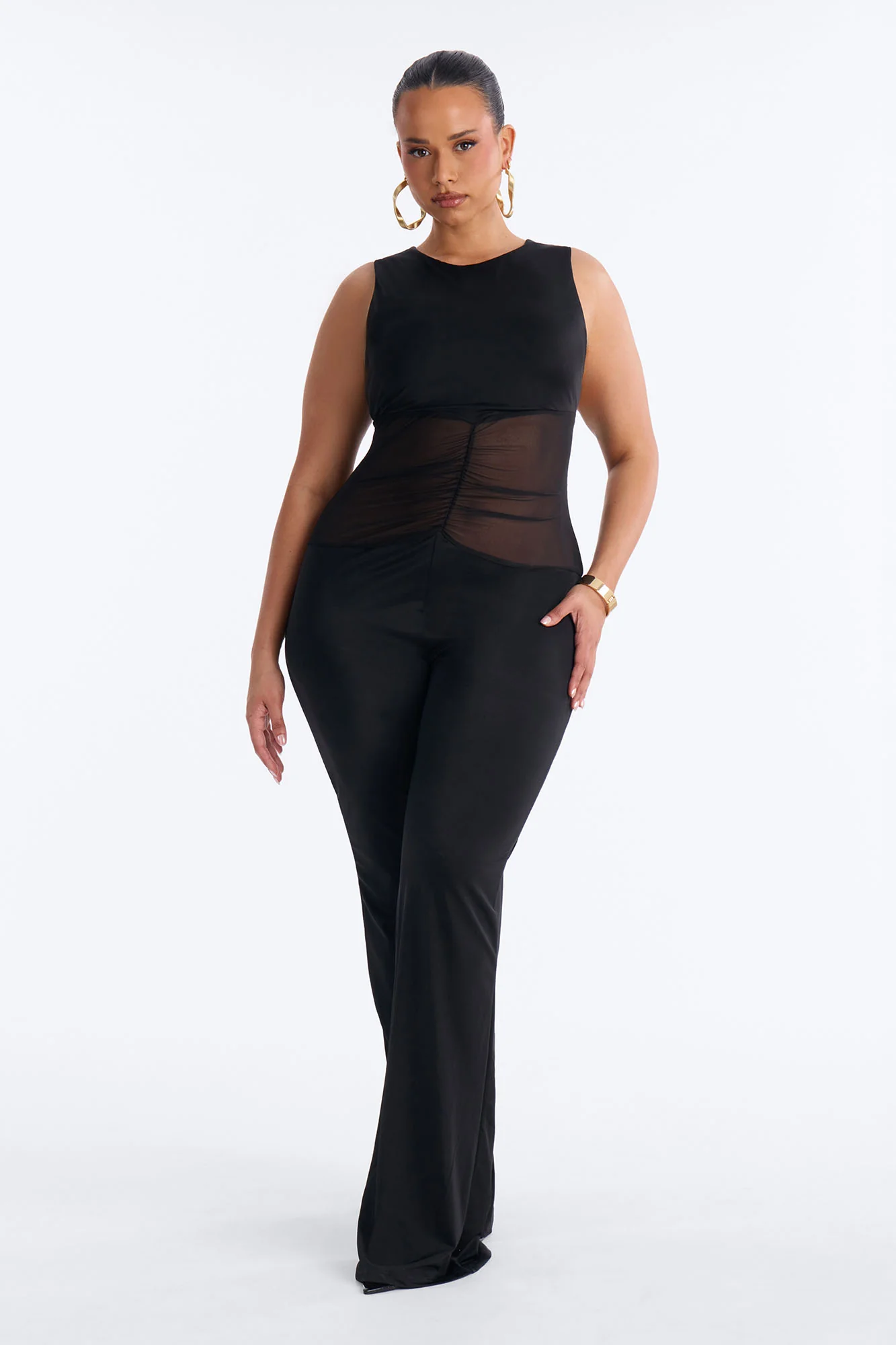 Rosina Ruched High Neck Flare Leg Jumpsuit - Black - Image 5